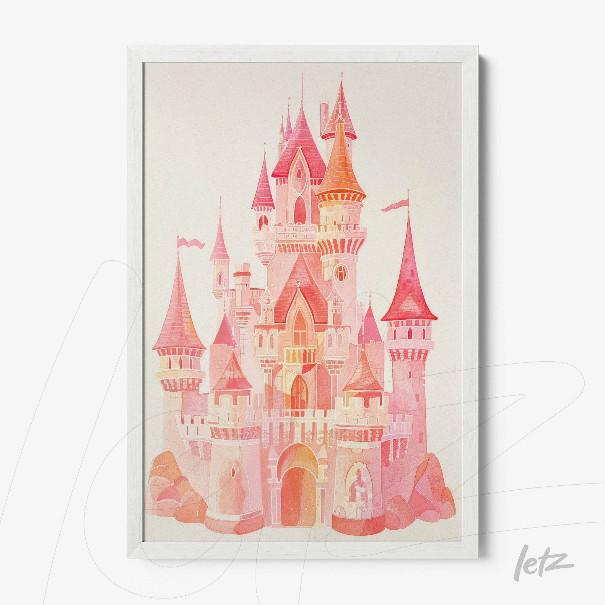 quadro com ilustração de castelo rosa com torres em tons de coral e rosa, moldura branca