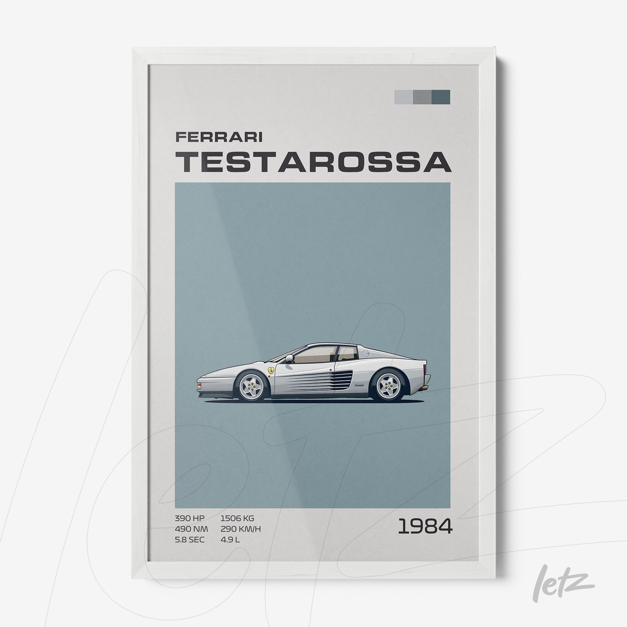 quadro com ilustração estilizada da Ferrari Testarossa em moldura branca