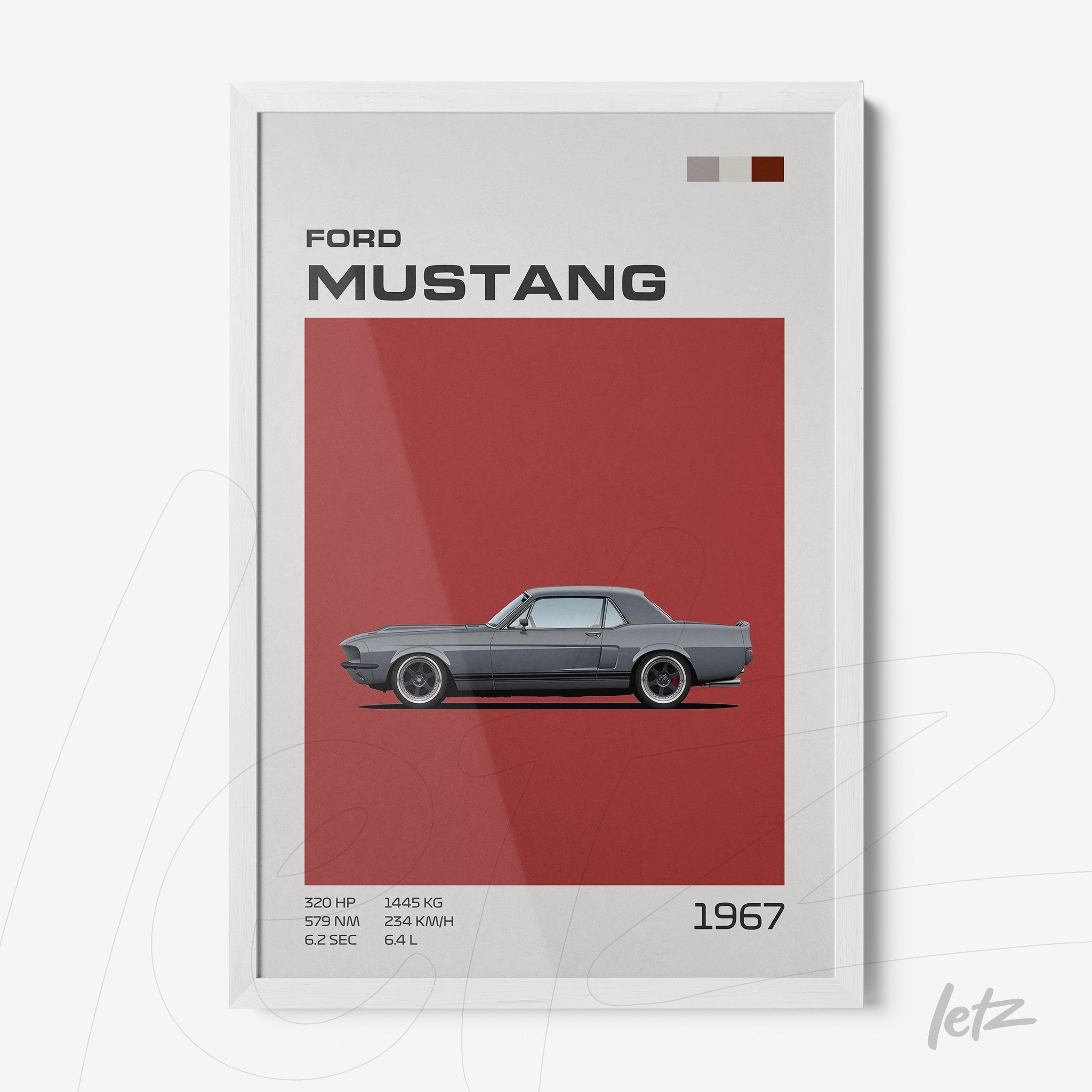 quadro com arte gráfica do Ford Mustang 1967 em moldura branca, destacando o carro em fundo vermelho