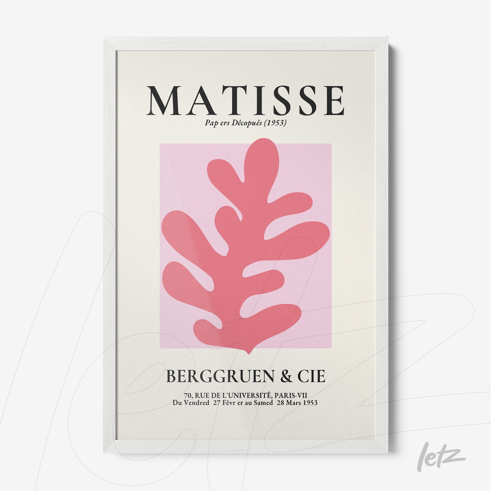 quadro com arte inspirada em Matisse, apresentando uma planta rosa sobre fundo creme e moldura branca