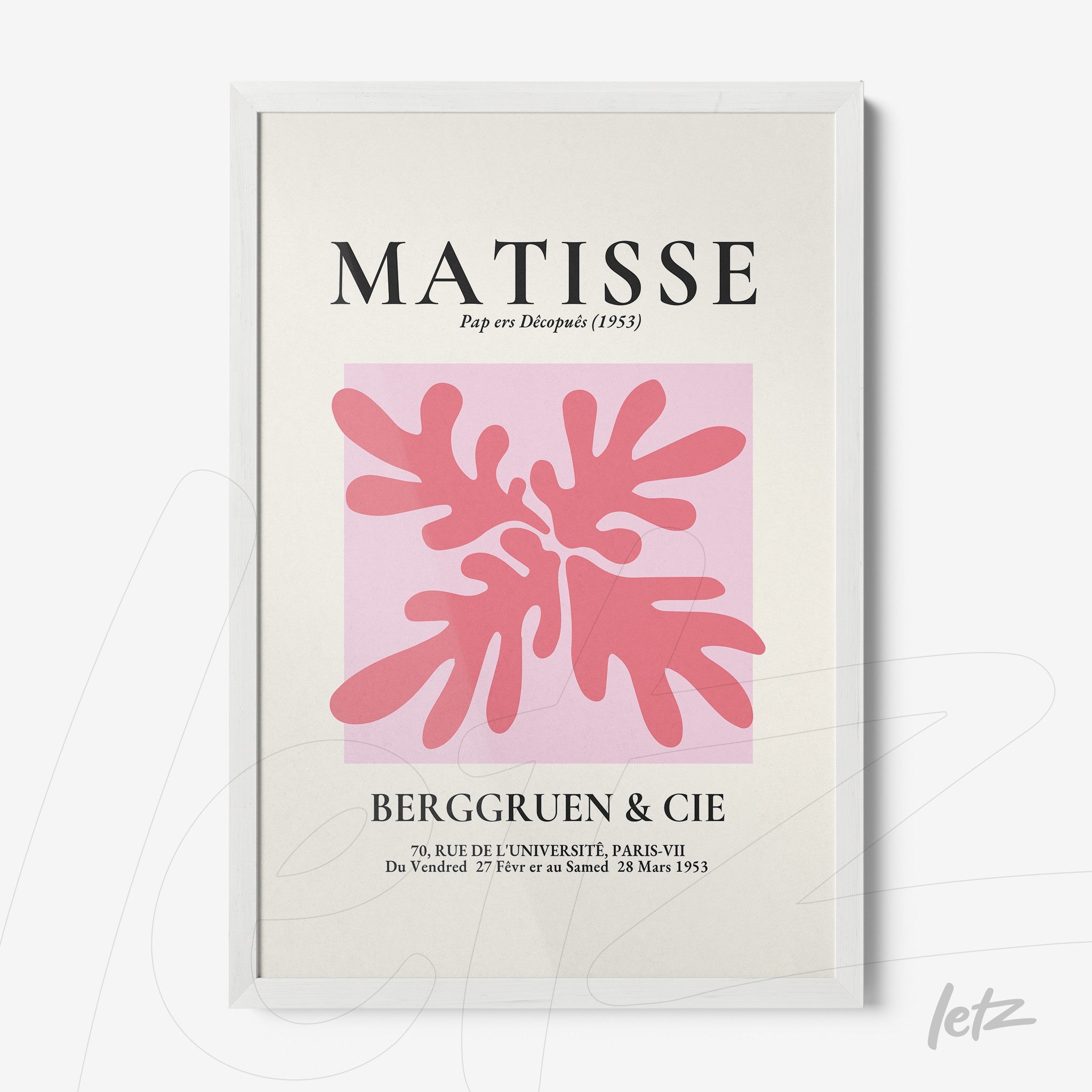 quadro com arte moderna de folhagens rosa em fundo quadriculado pink e moldura branca