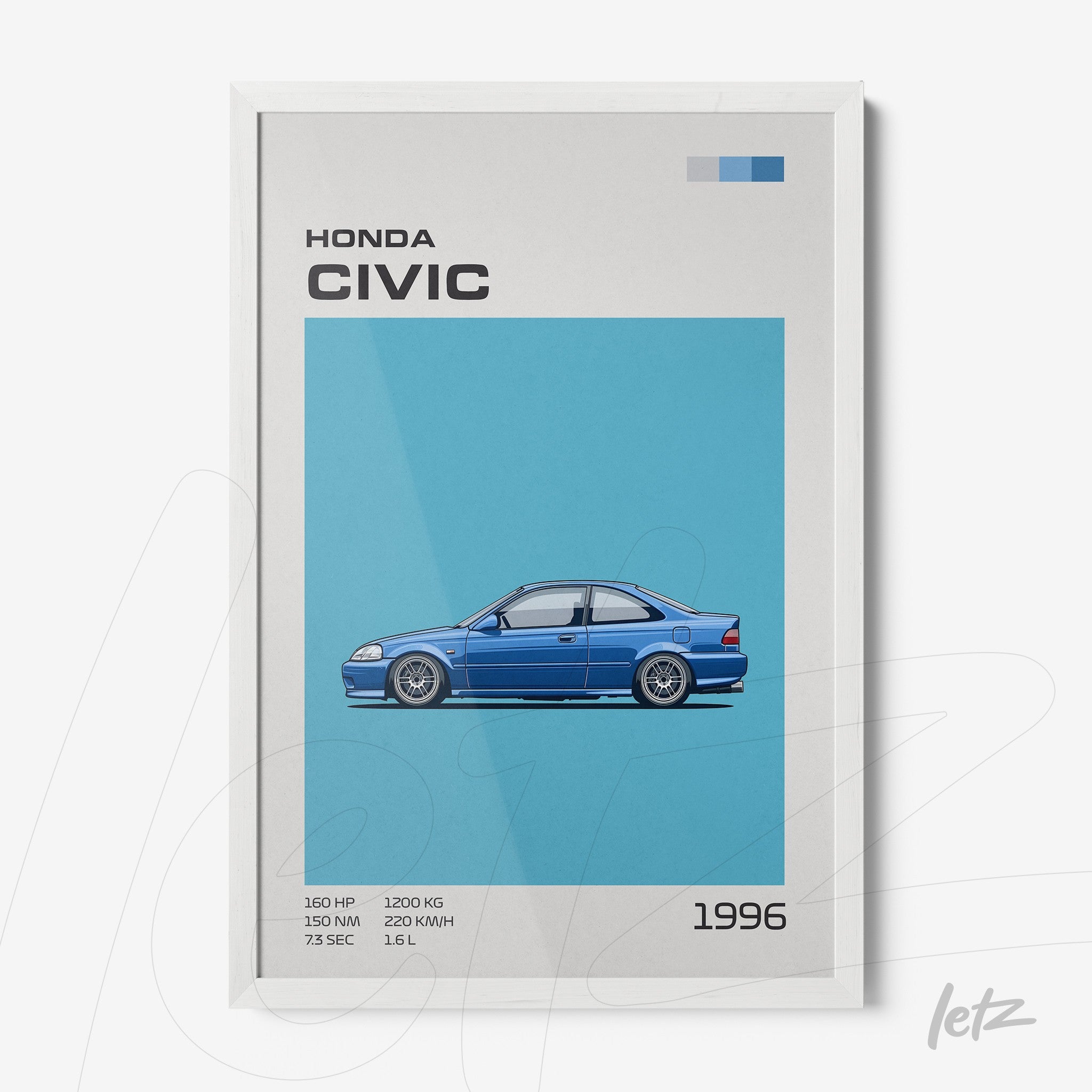 quadro com ilustração do carro Honda Civic 1996 em moldura branca, fundo azul claro