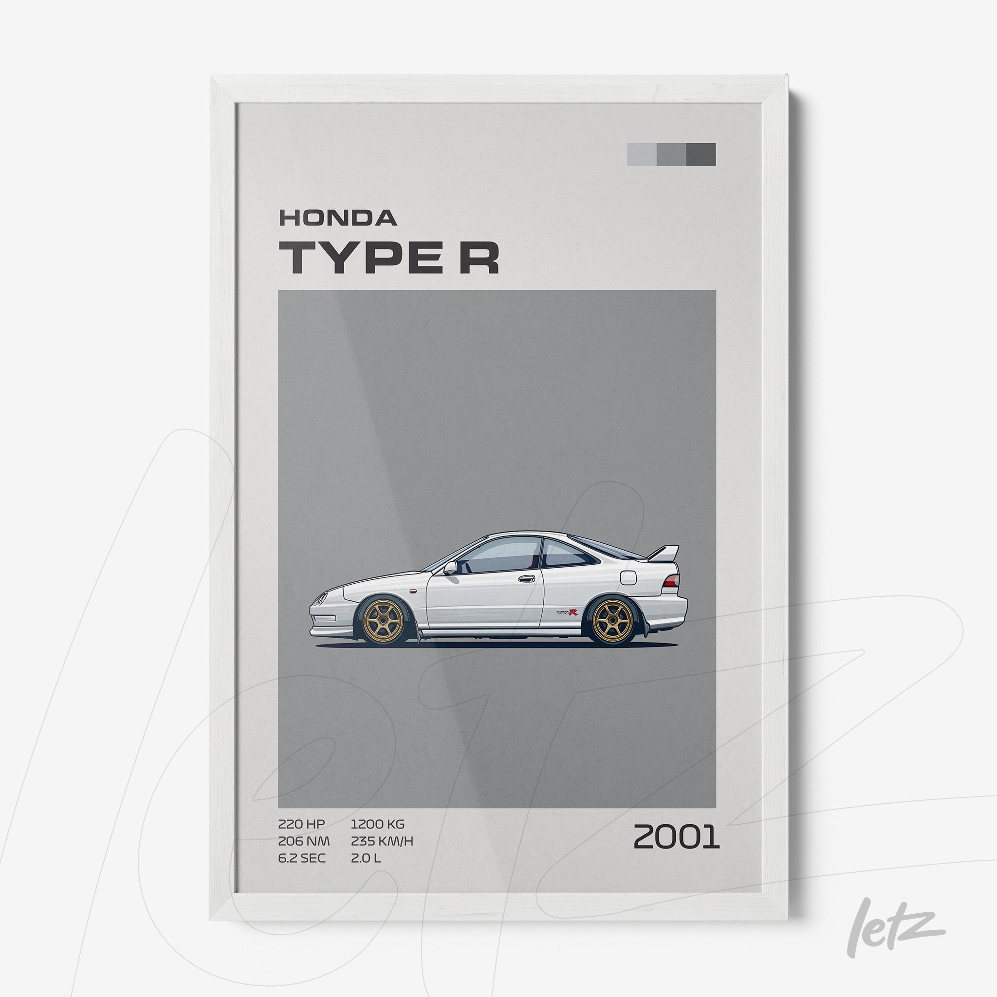quadro com ilustração detalhada do carro Honda Type R de 2001 em fundo cinza, moldura branca