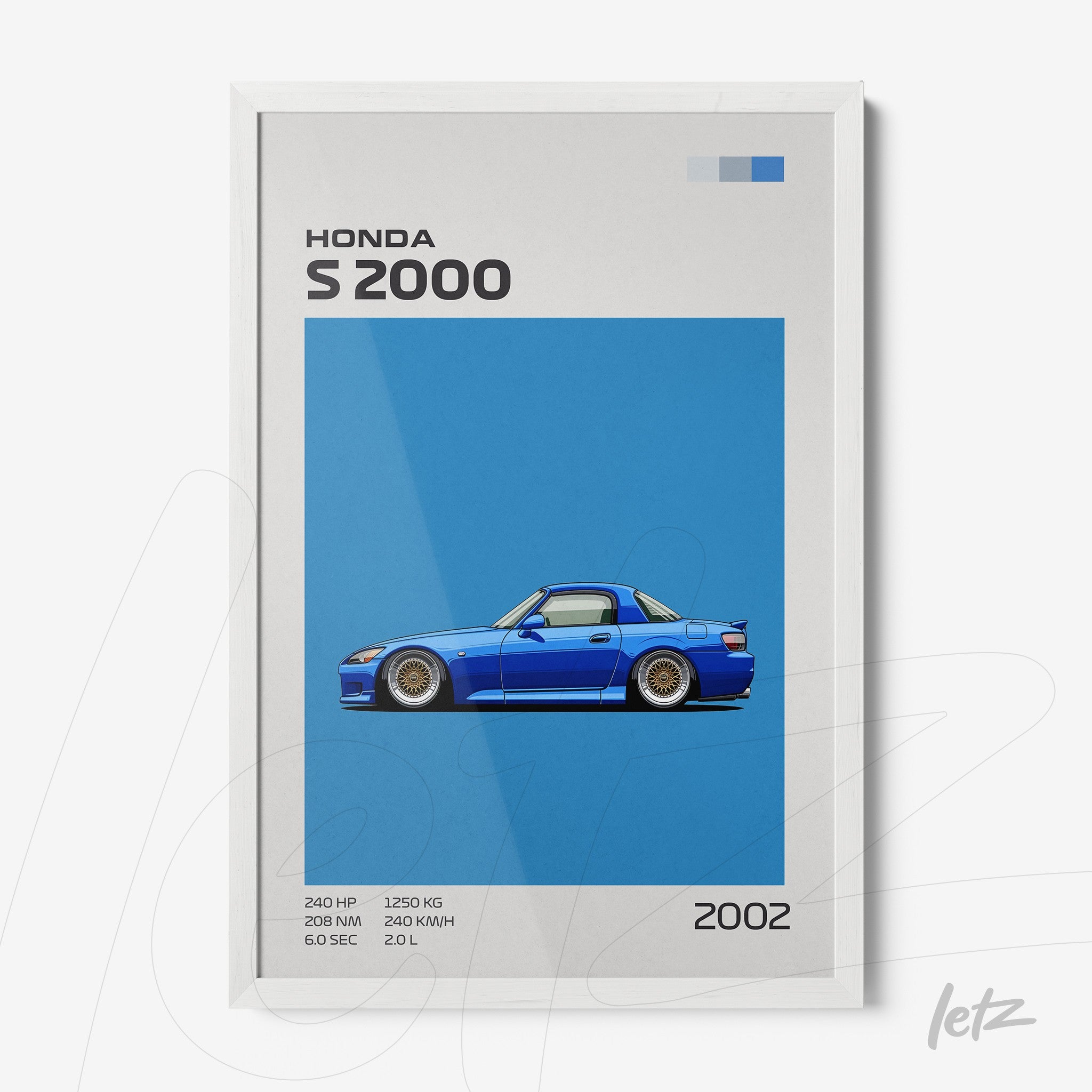 quadro com arte digital de um Honda S2000 em fundo azul vibrante e moldura branca
