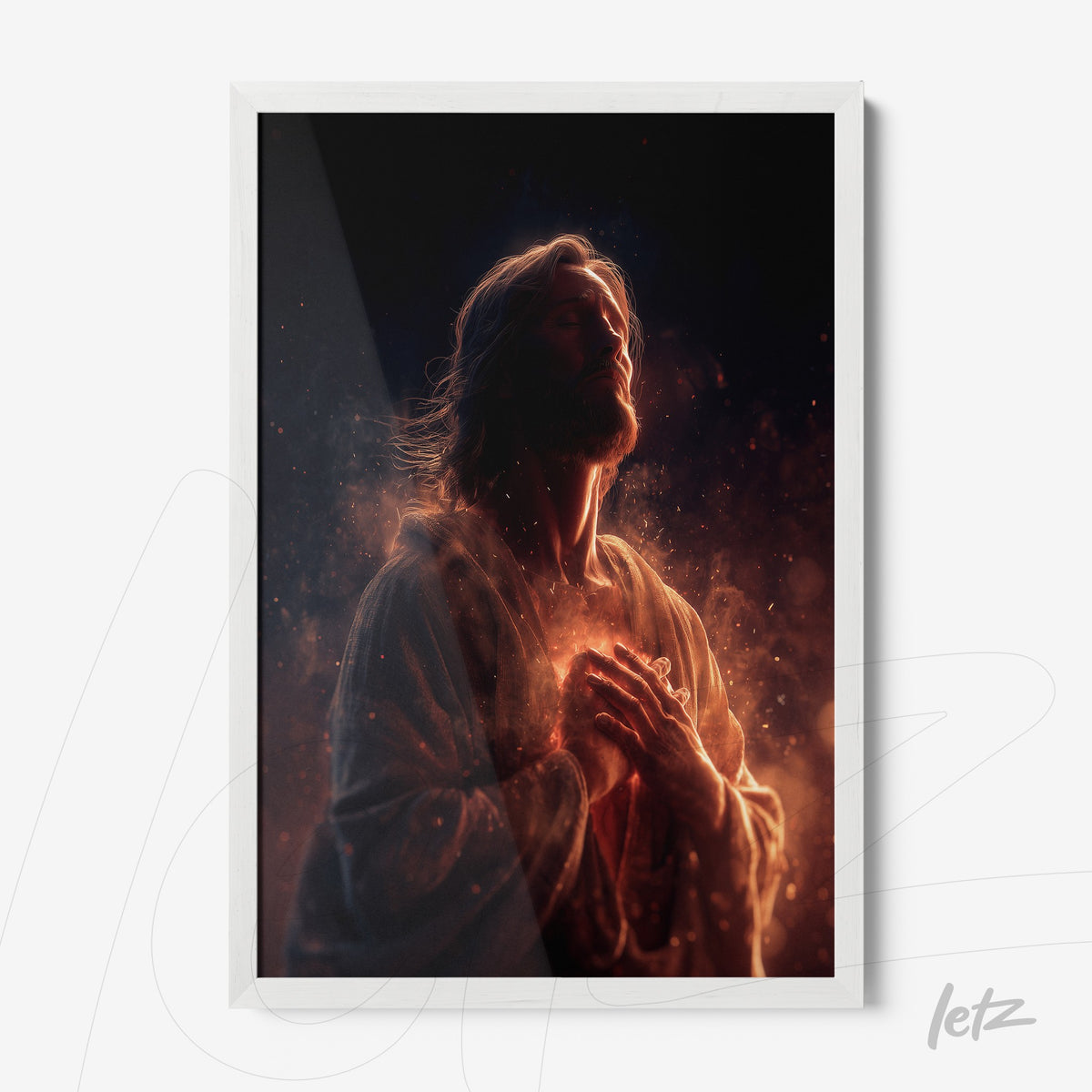 quadro com arte espiritual de figura religiosa em moldura branca