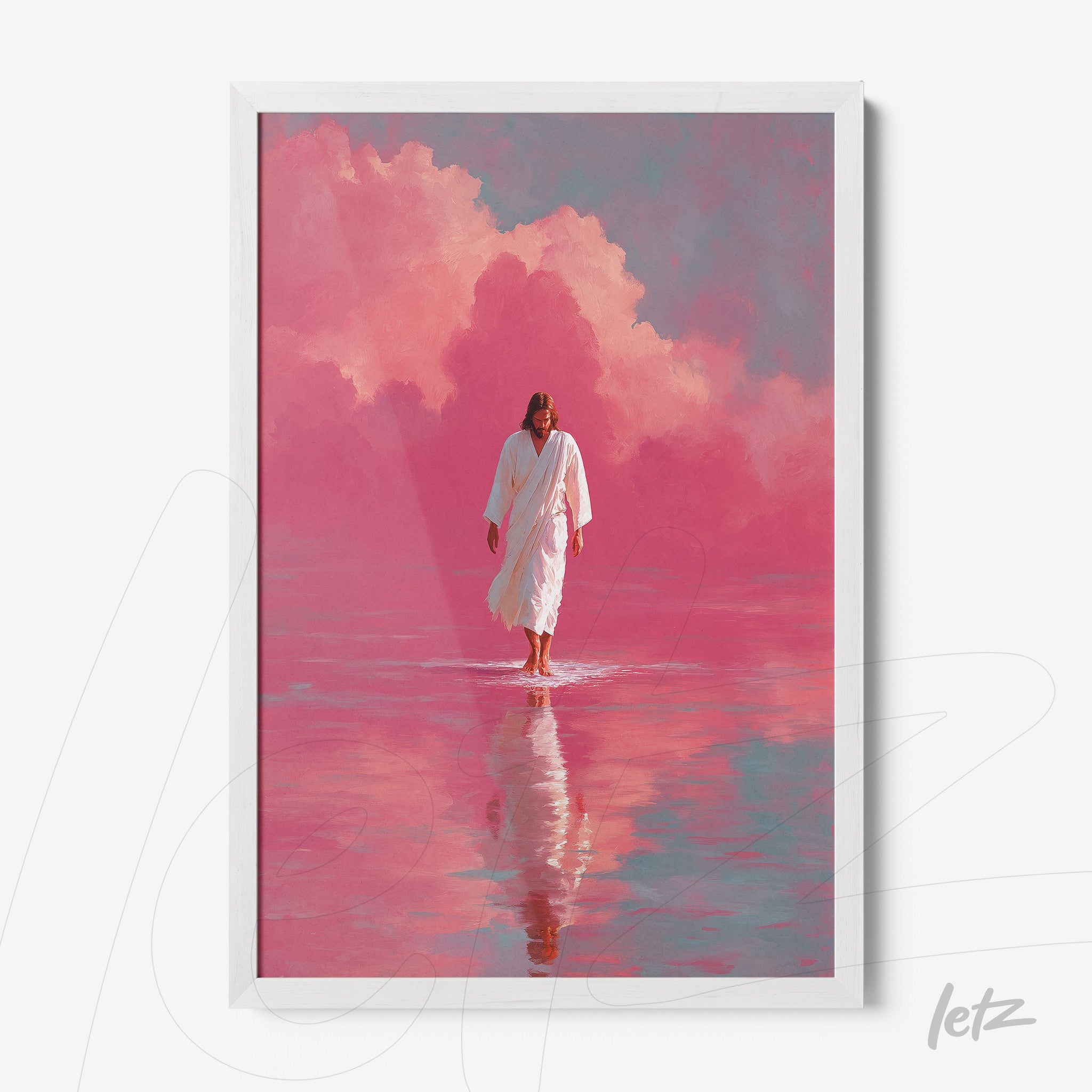 quadro com arte espiritual de figura em túnica branca caminhando sobre águas refletindo nuvens rosa em moldura branca