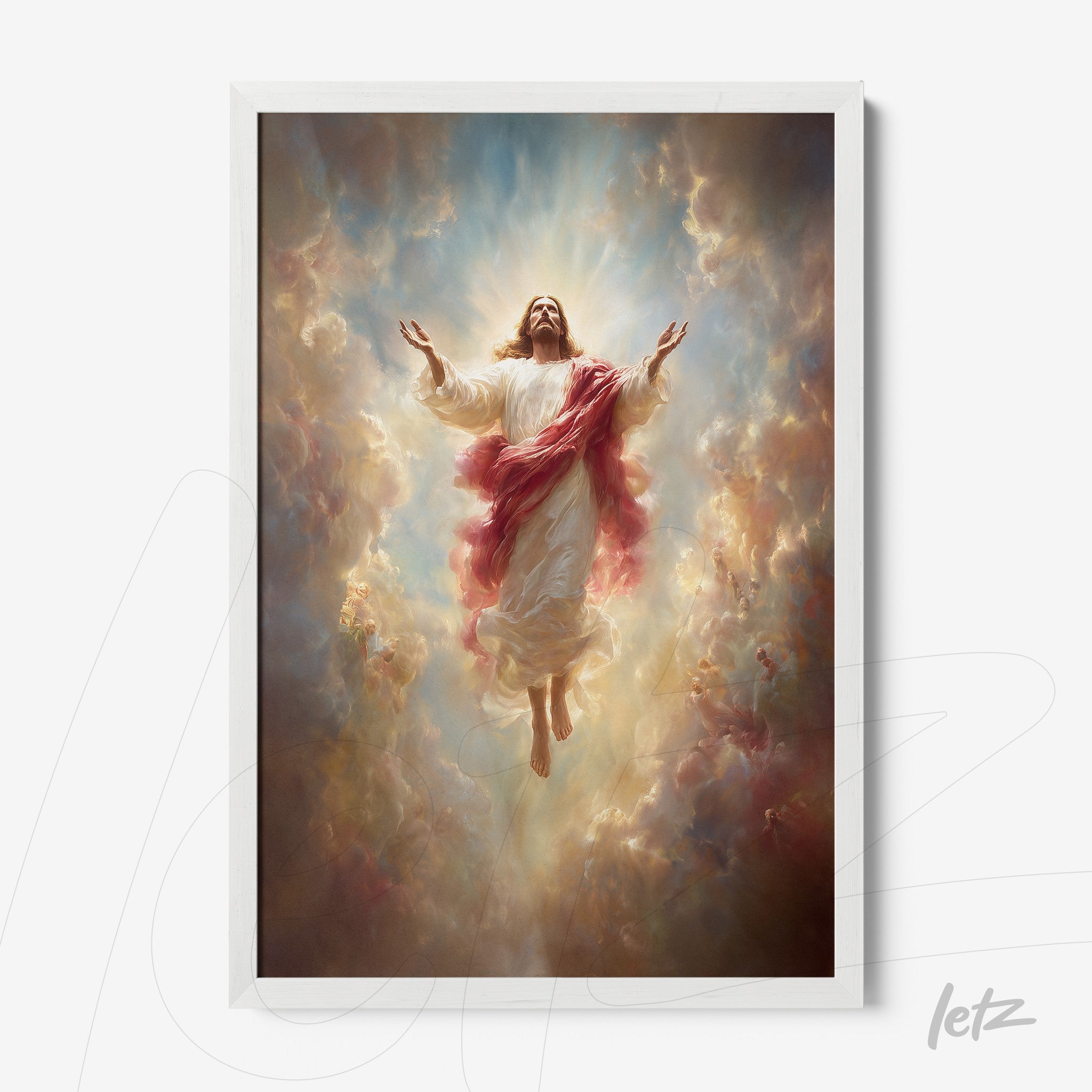 quadro em moldura branca com representação de Jesus ascendente entre nuvens luminosas e um céu em tons de azul e dourado