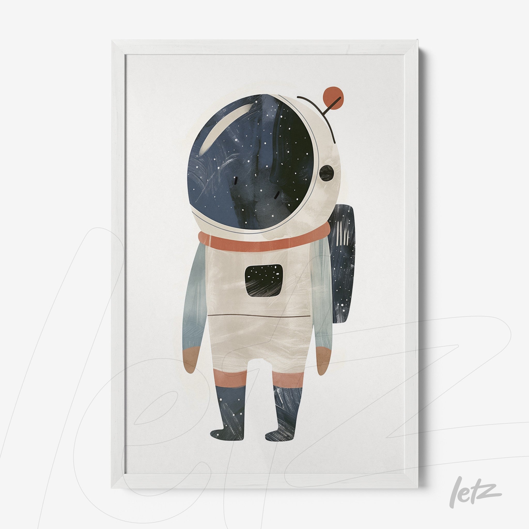 quadro com ilustração de astronauta em traje espacial com fundo estelar, moldura branca