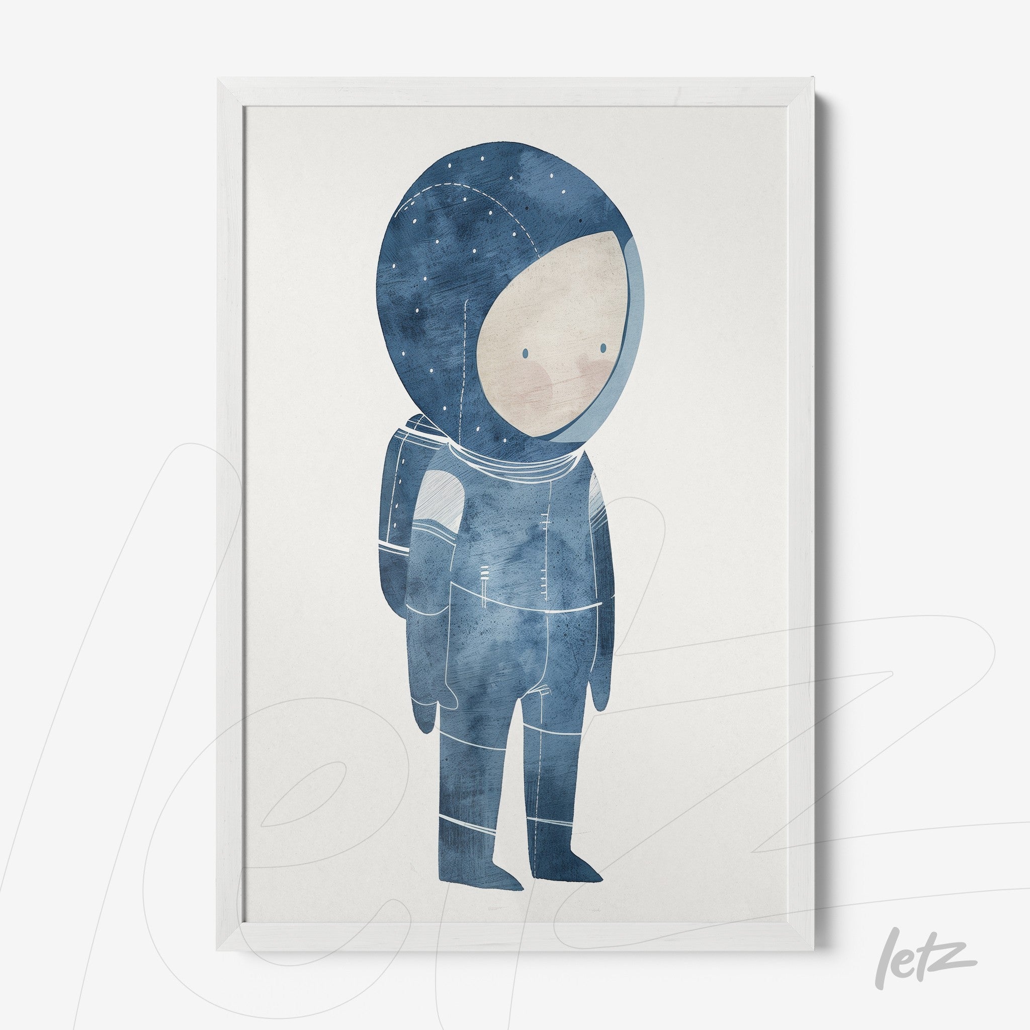 quadro com ilustração de um astronauta infantil em tons de azul com moldura branca