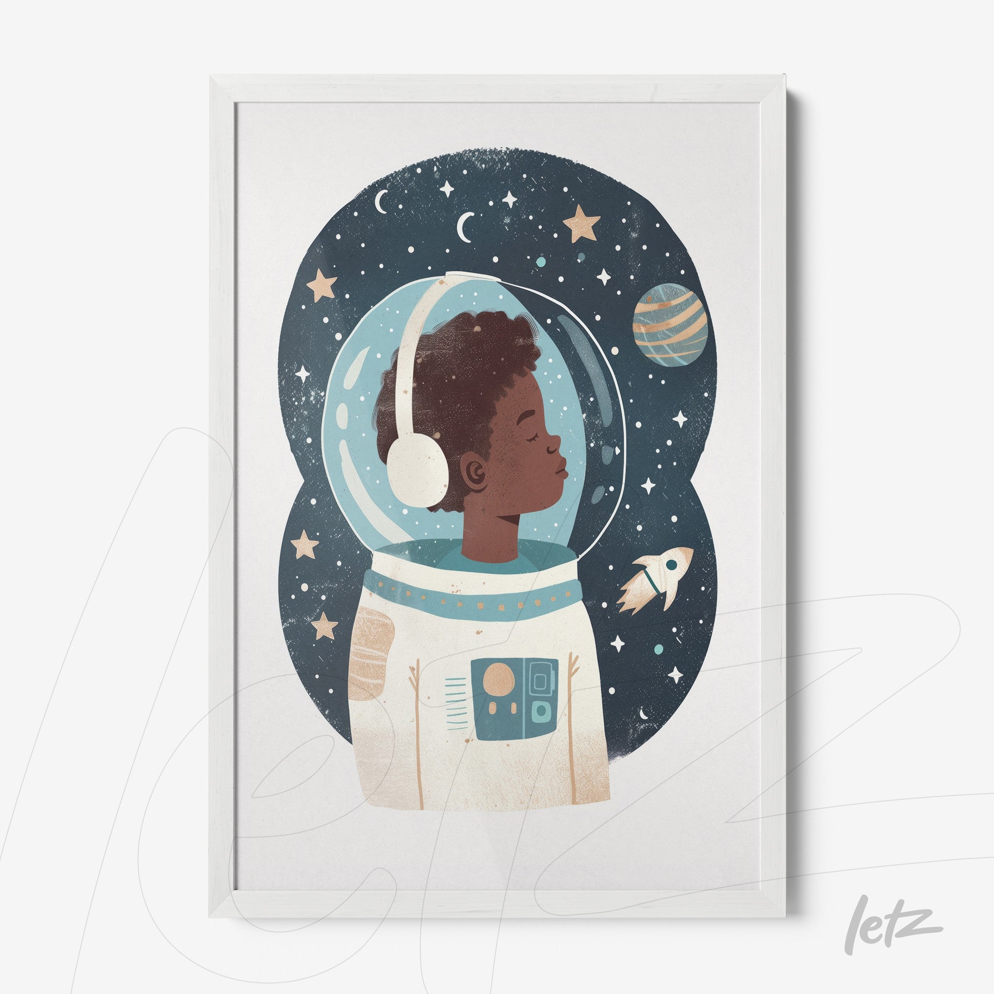 quadro com arte ilustrativa de menino astronauta em fundo estelar, moldura branca