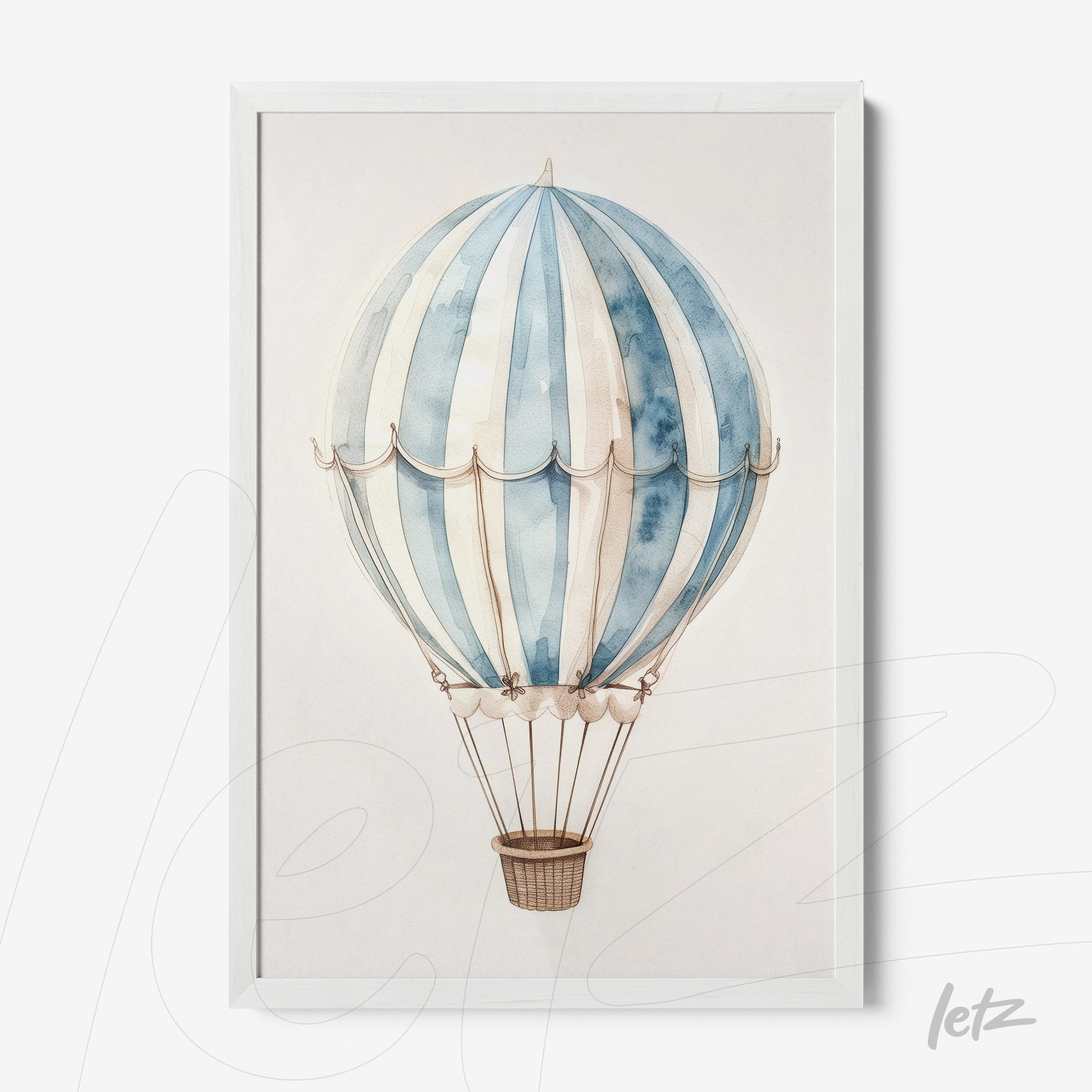 quadro com ilustração de balão de ar quente em tonalidades de azul e branco com moldura branca