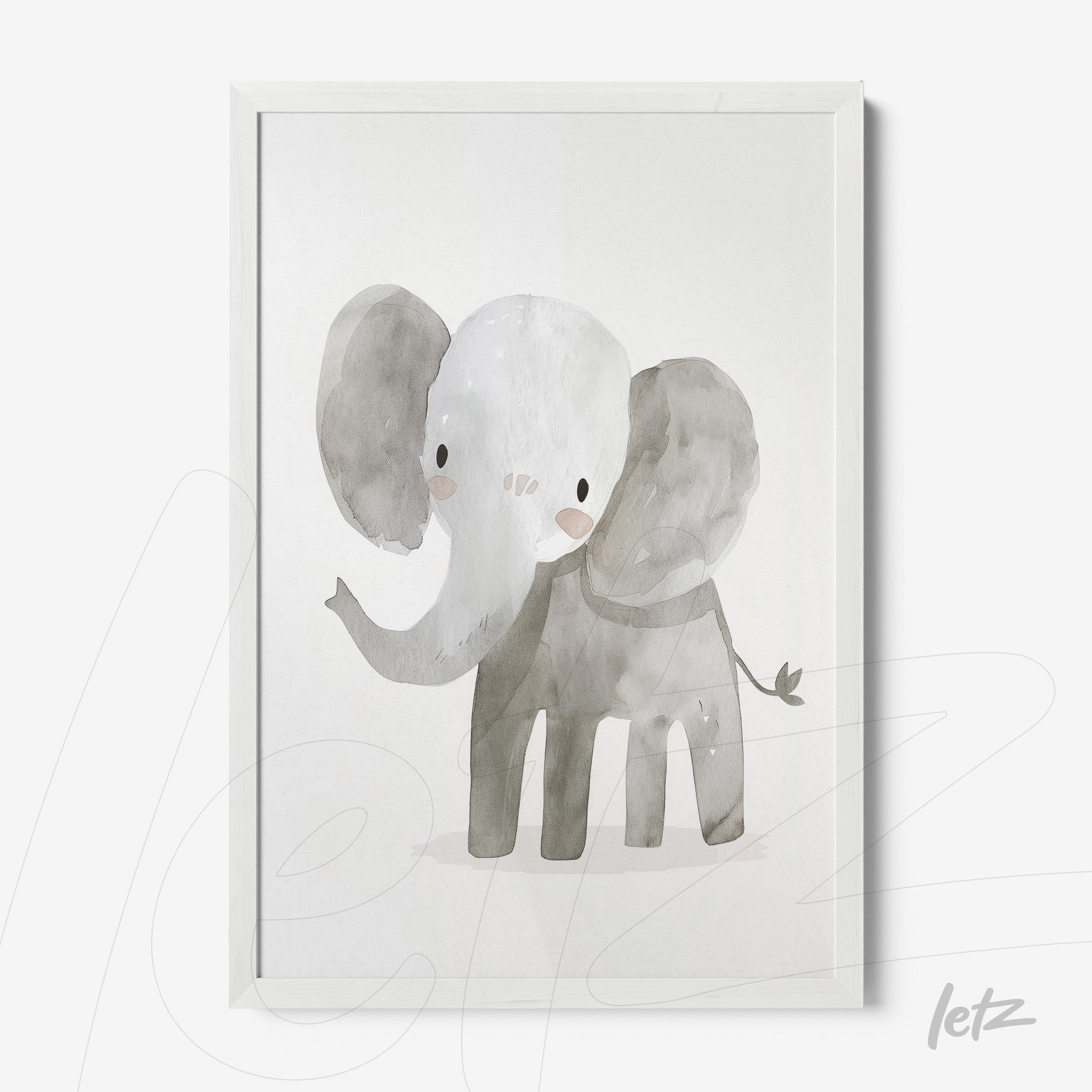 quadro com ilustração de elefante em aquarela em moldura branca