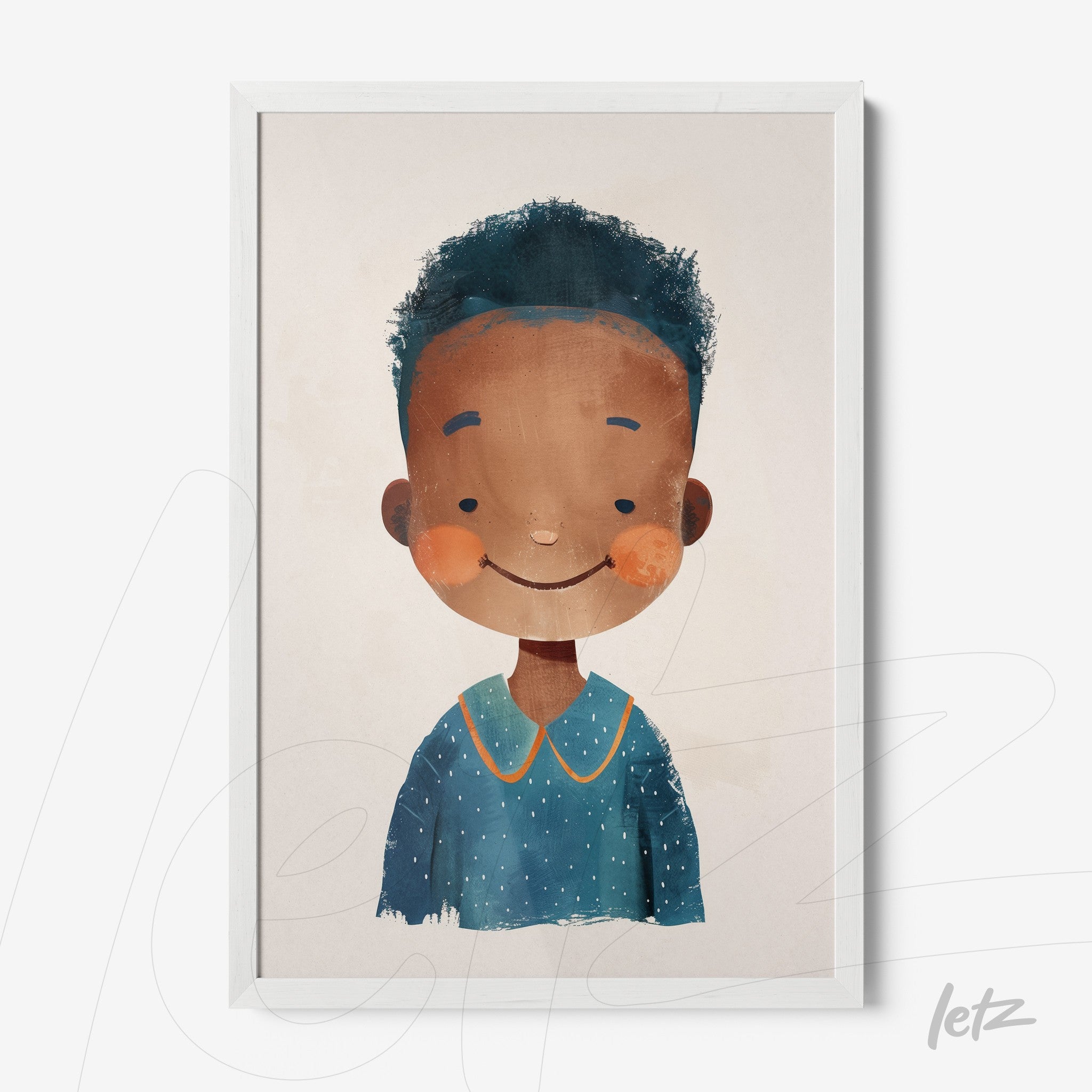 quadro com ilustração de retrato de criança com cabelo cacheado e roupa azul em moldura branca