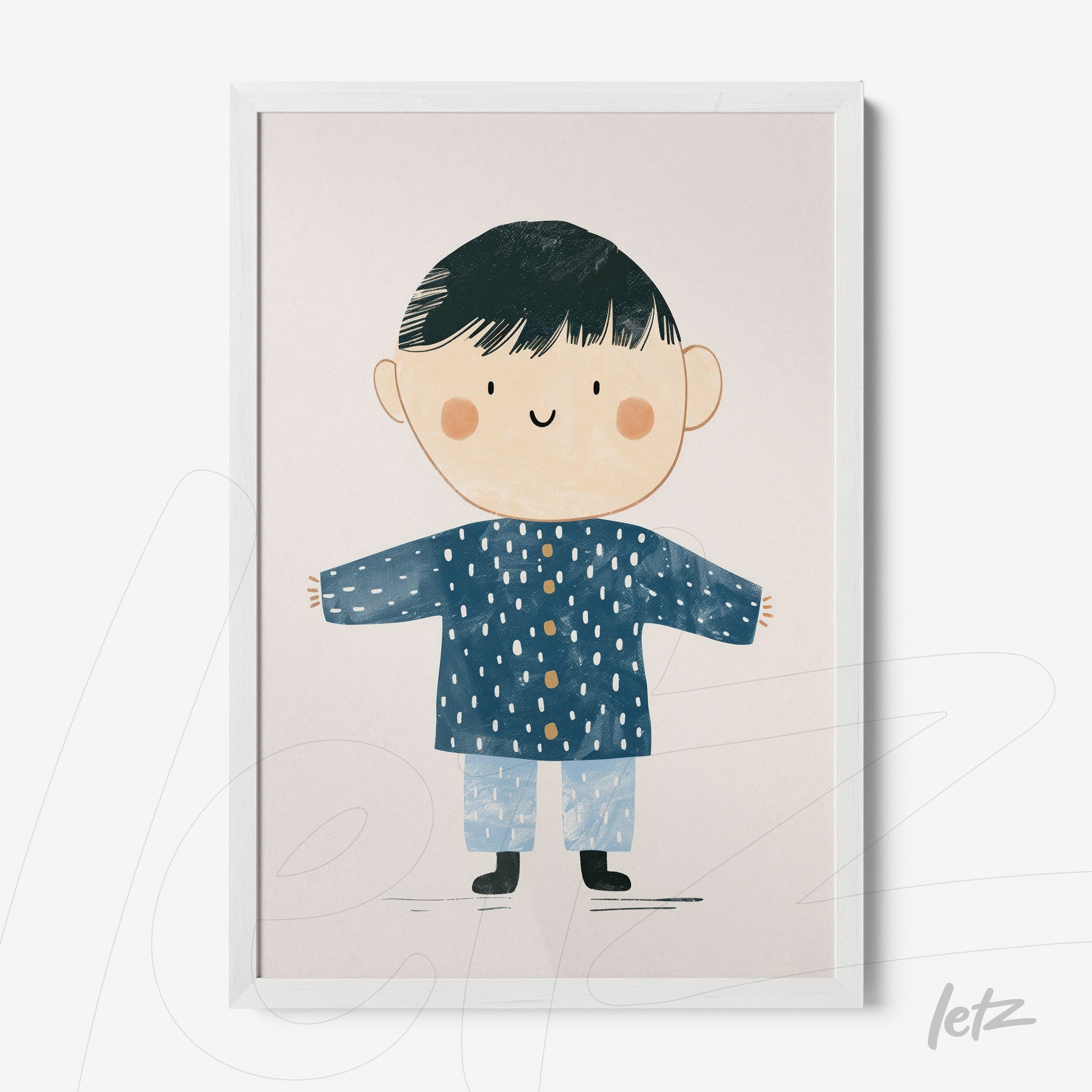 quadro com ilustração infantil de menino sorridente usando casaco azul em moldura branca