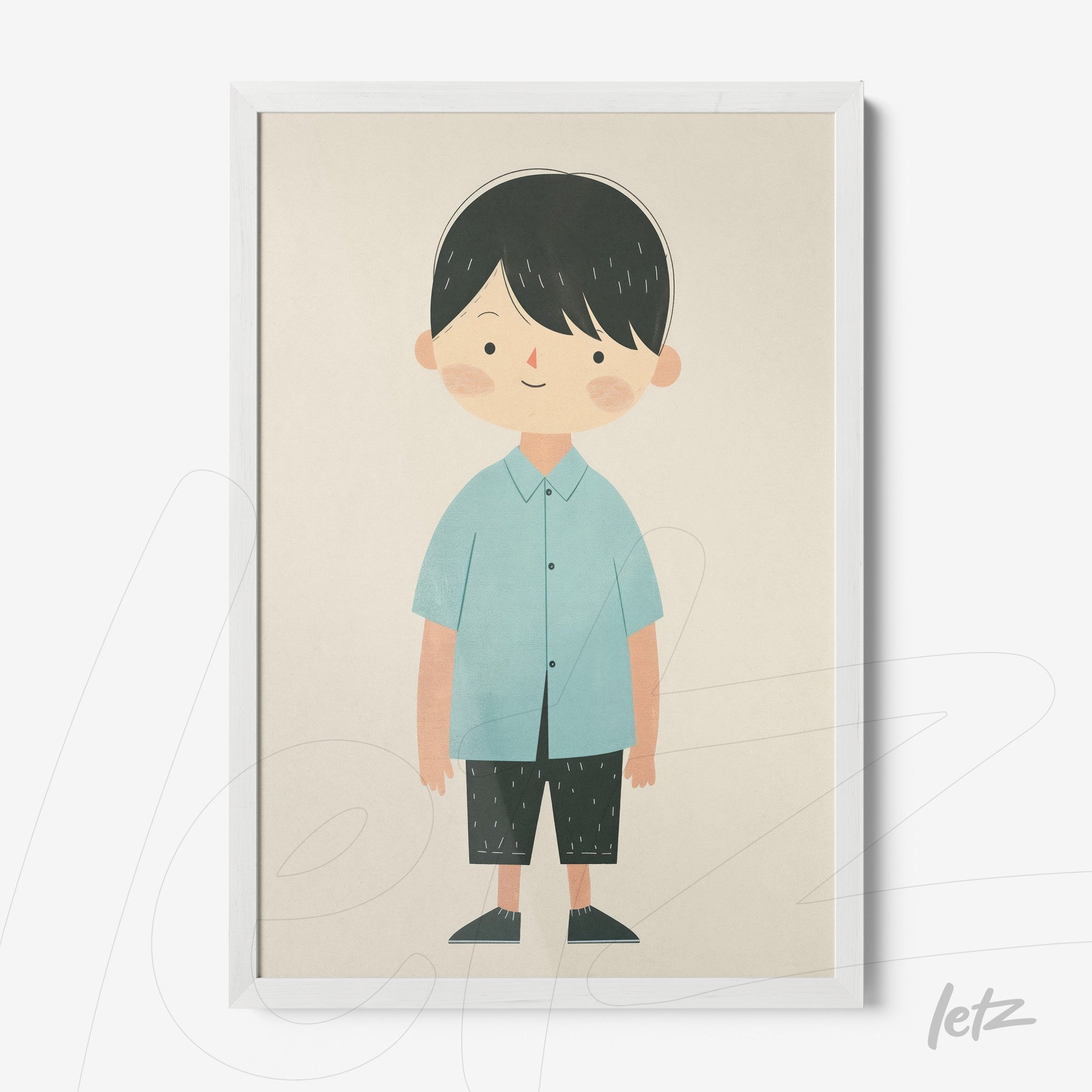 quadro com ilustração de menino sorridente usando camisa azul clara e calças pretas, em moldura branca