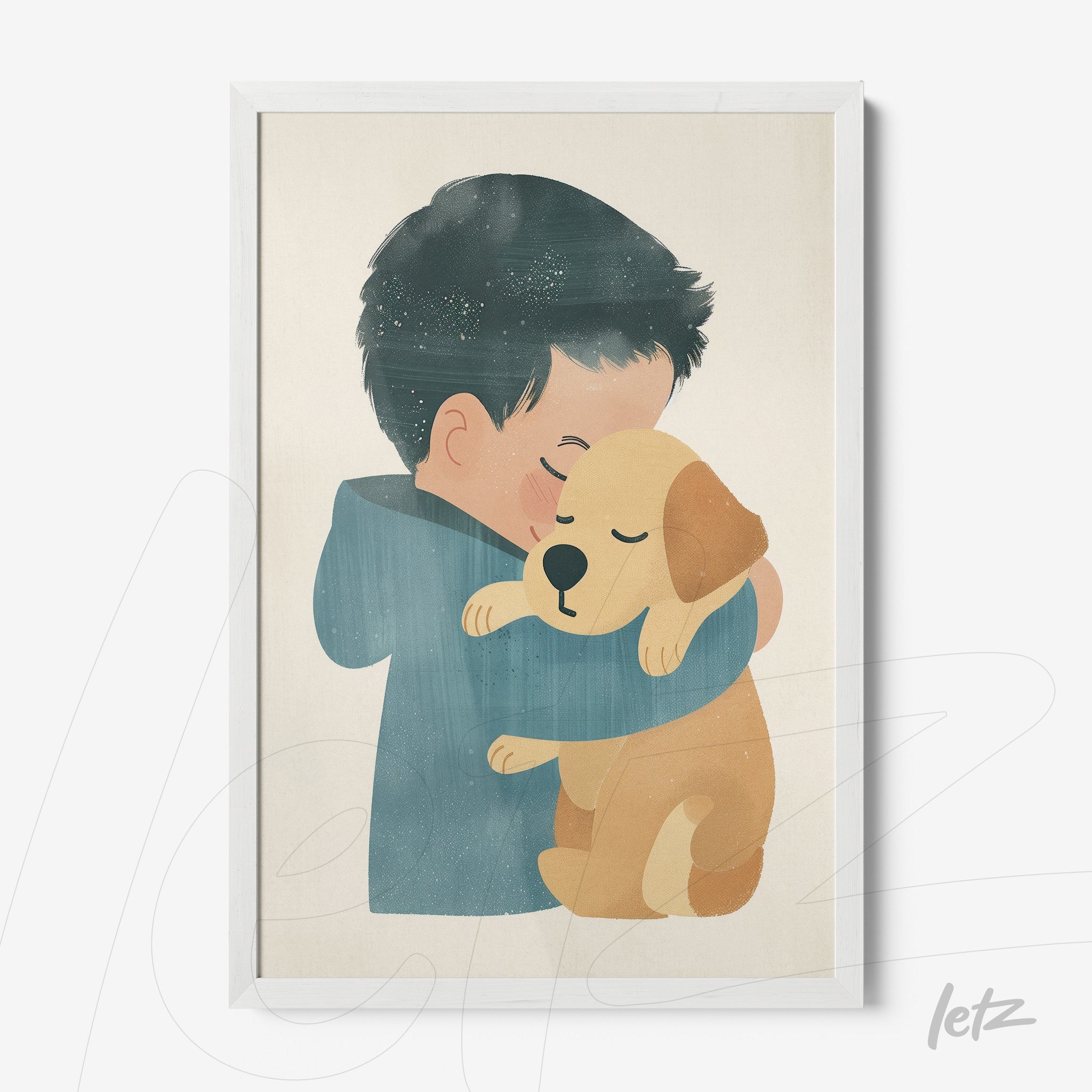 quadro com ilustração digital de menino abraçando um cachorro em moldura branca