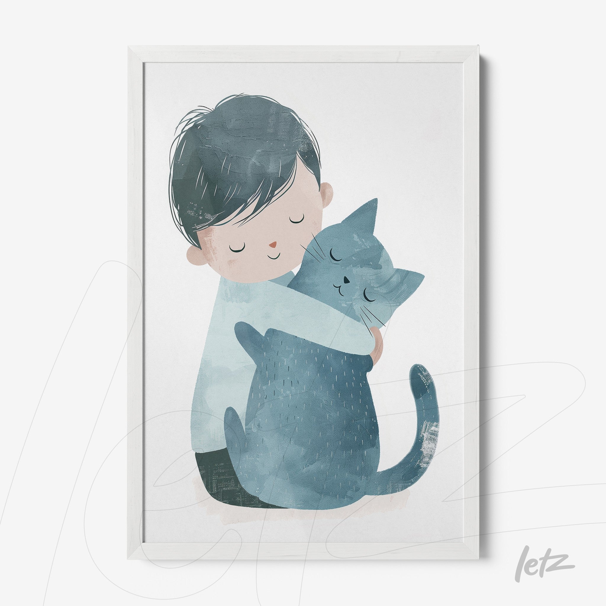 quadro com ilustração infantil de menino abraçando um gato azul, moldura branca