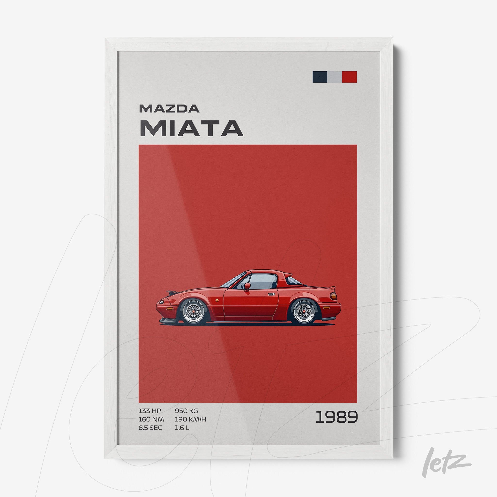quadro decorativo com ilustração do carro Mazda Miata de 1989 em moldura branca