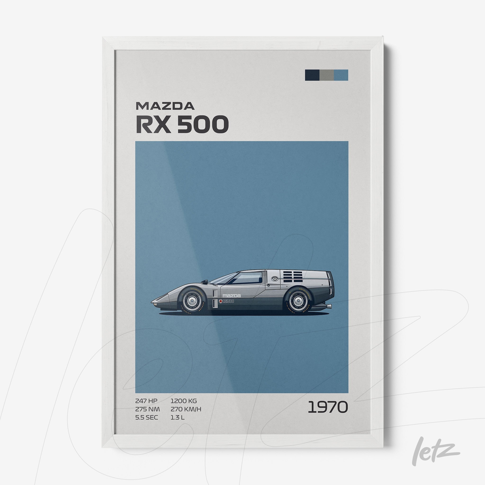 quadro com arte digital do carro Mazda RX 500 em moldura branca, com fundo azul e detalhes técnicos visíveis