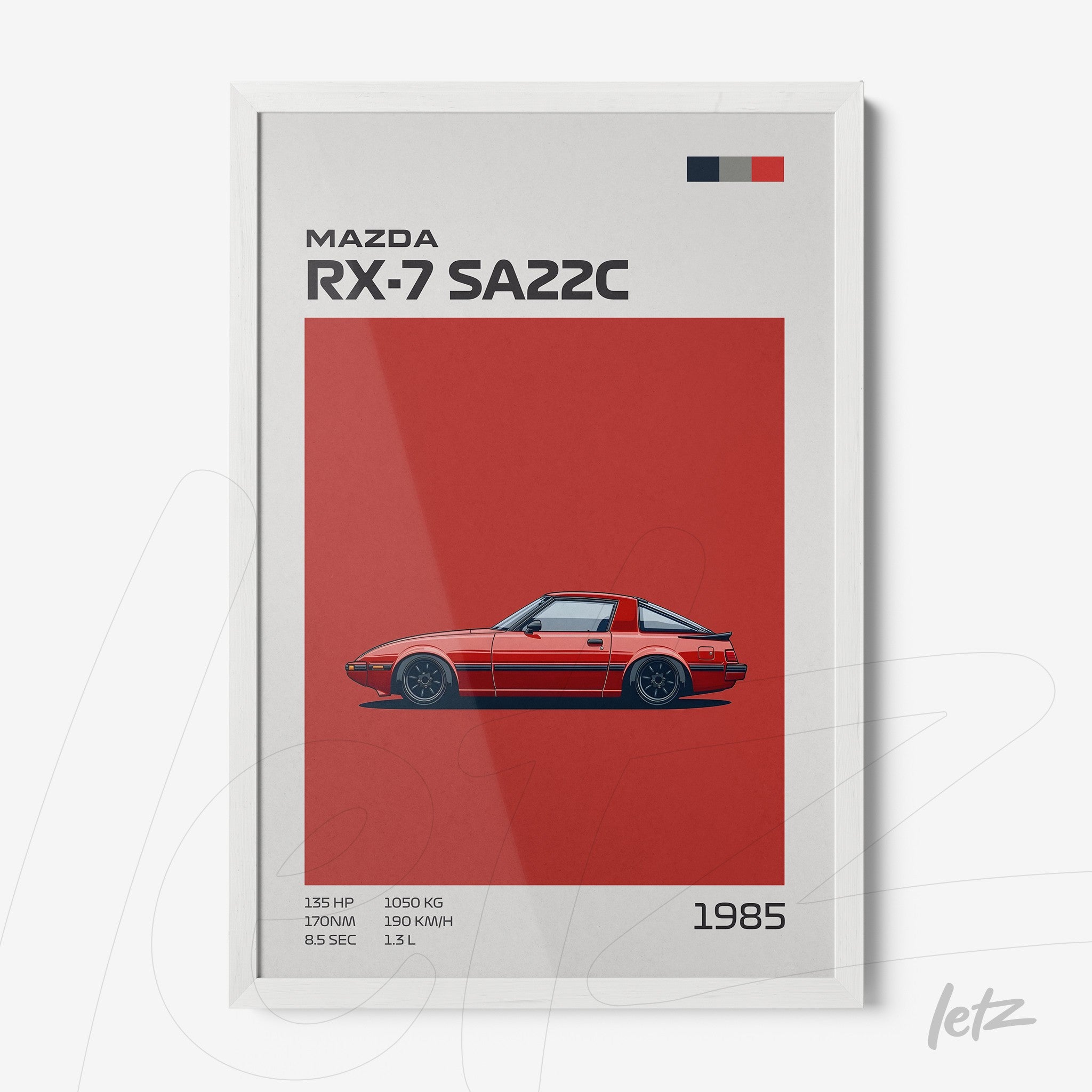 quadro com ilustração do carro Mazda RX-7 SA22C em fundo vermelho e moldura branca