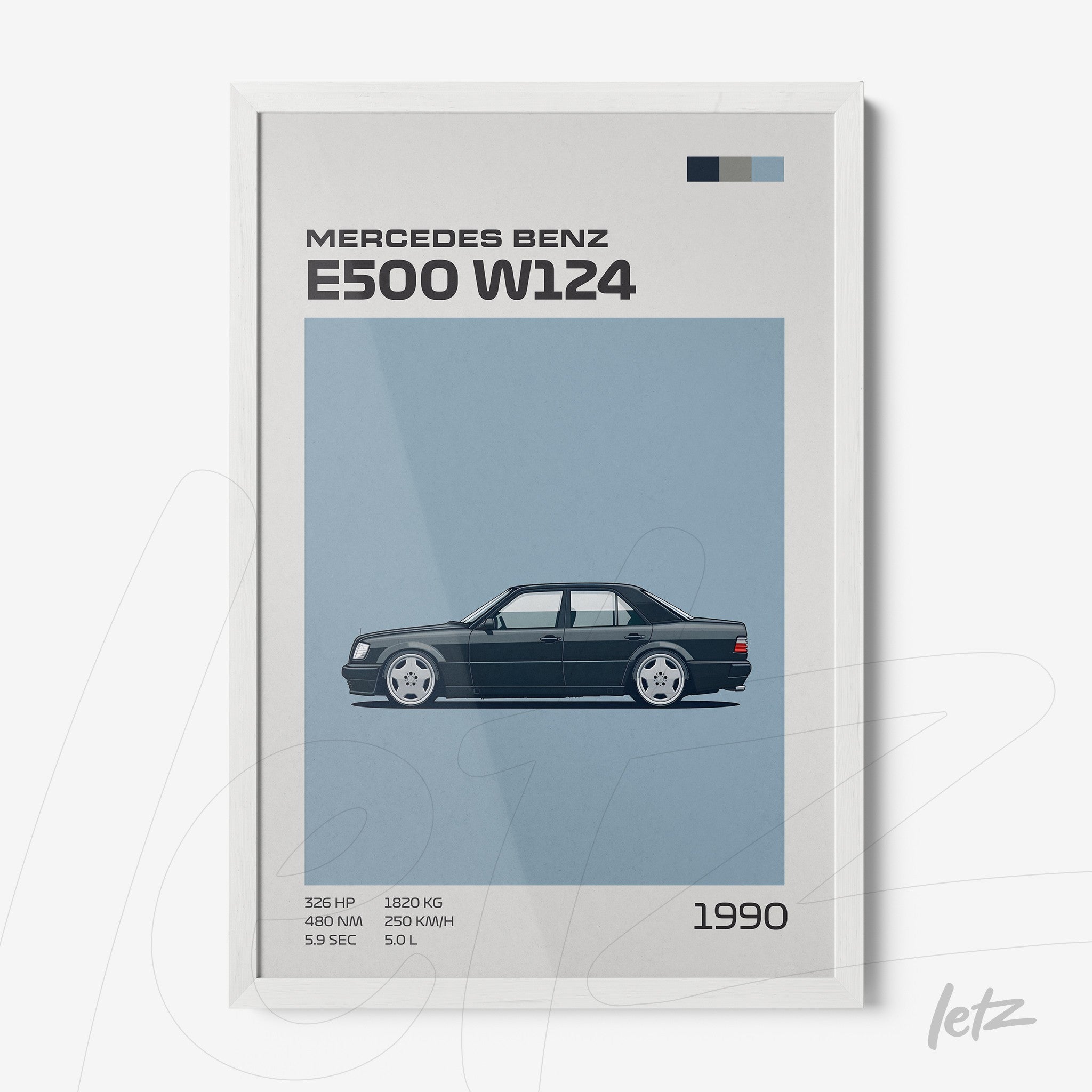 quadro com ilustração do carro Mercedes Benz E500 W124 em moldura branca, fundo azul e informações técnicas na parte inferior