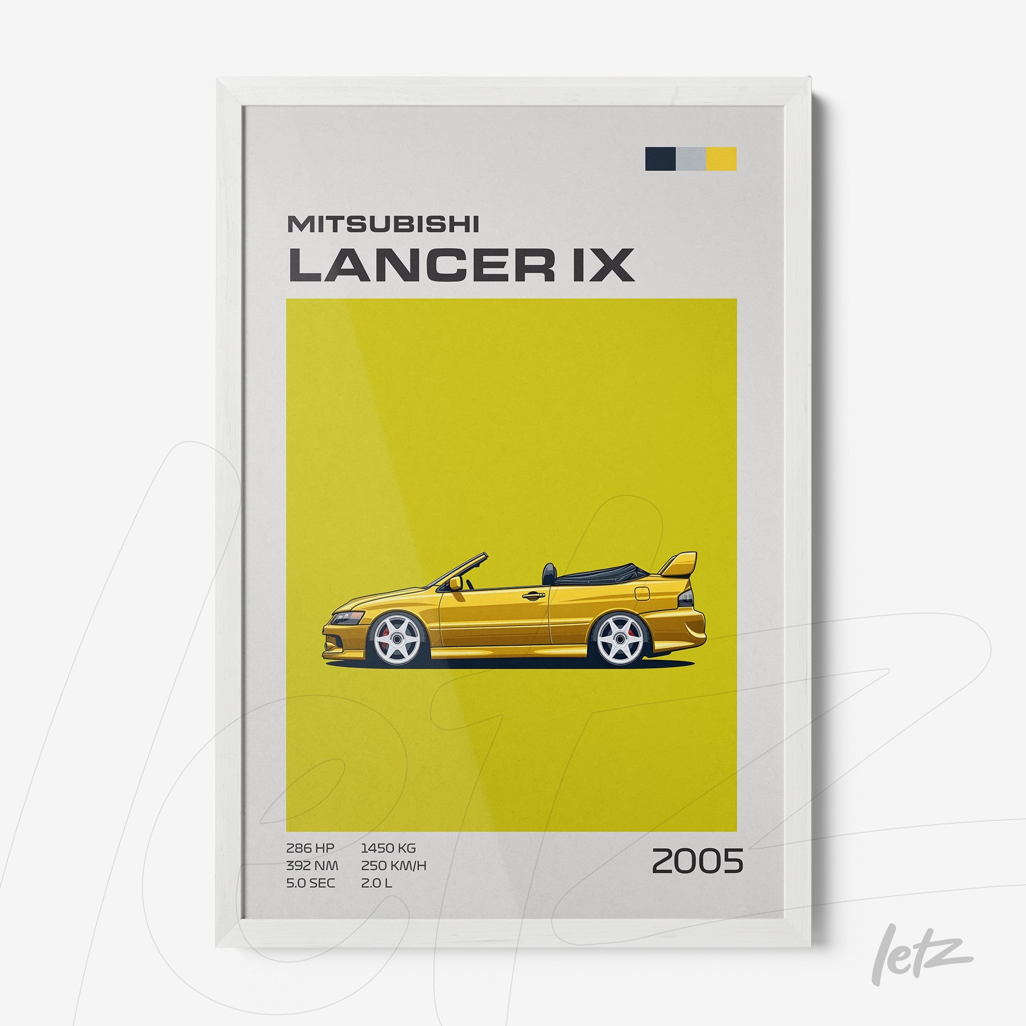 quadro com ilustração de carro Mitsubishi Lancer IX de 2005 em fundo amarelo vibrante com moldura branca