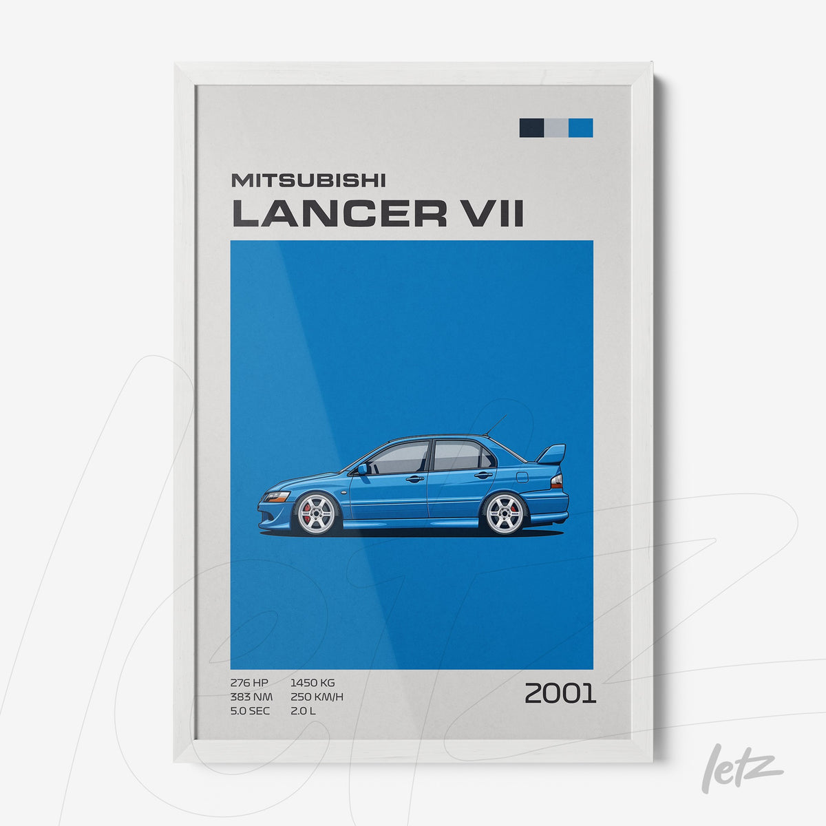 quadro com ilustração de carro Mitsubishi Lancer VII em fundo azul com moldura branca