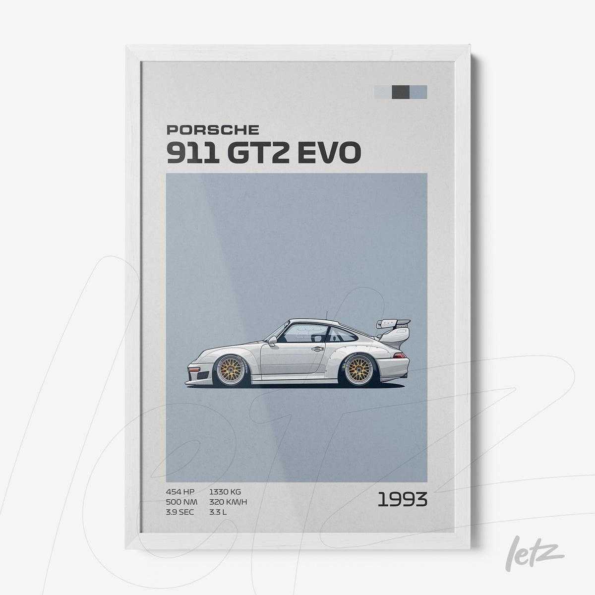 quadro com ilustração do carro esportivo Porsche 911 GT2 EVO de 1993 em moldura branca