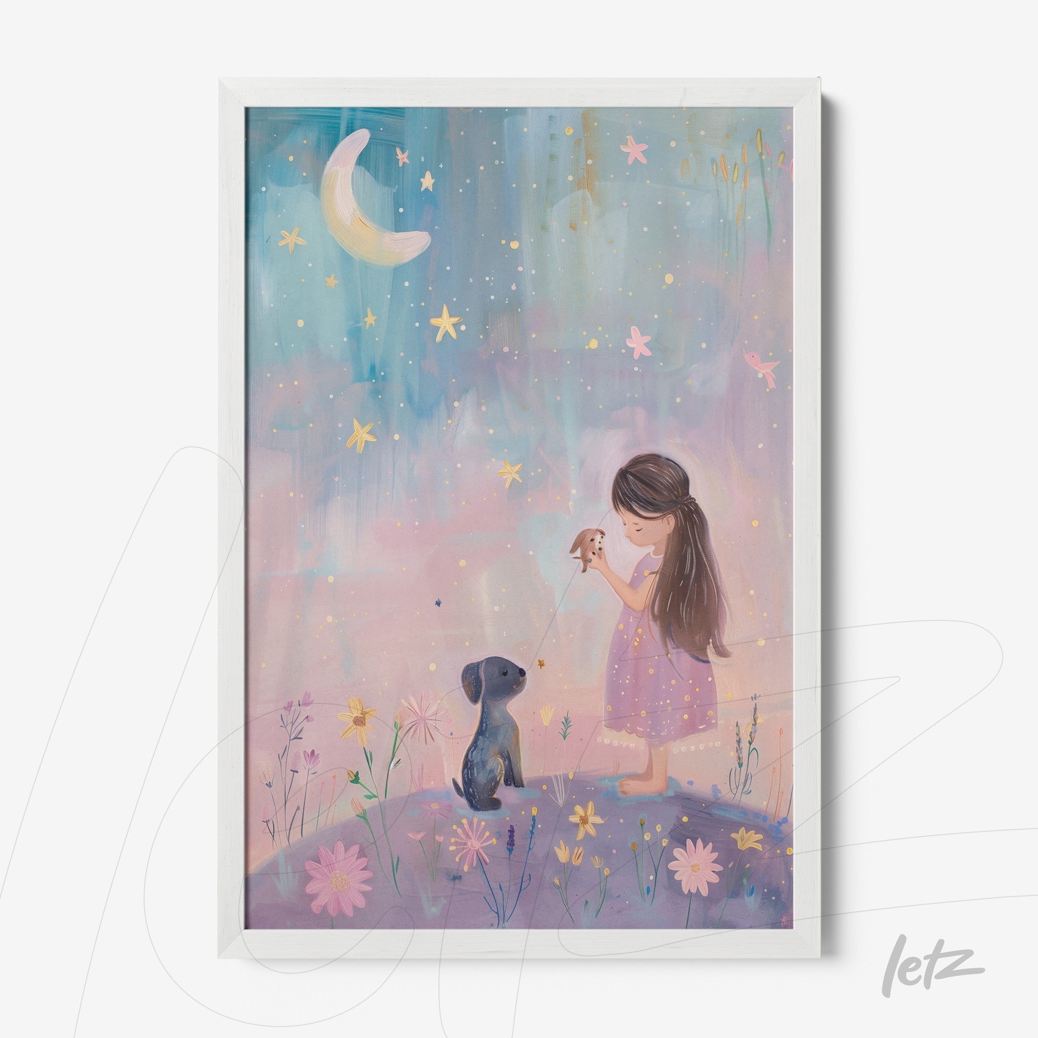 quadro com arte ilustrativa de menina com vestido rosa e cachorro sob céu estrelado, moldura branca