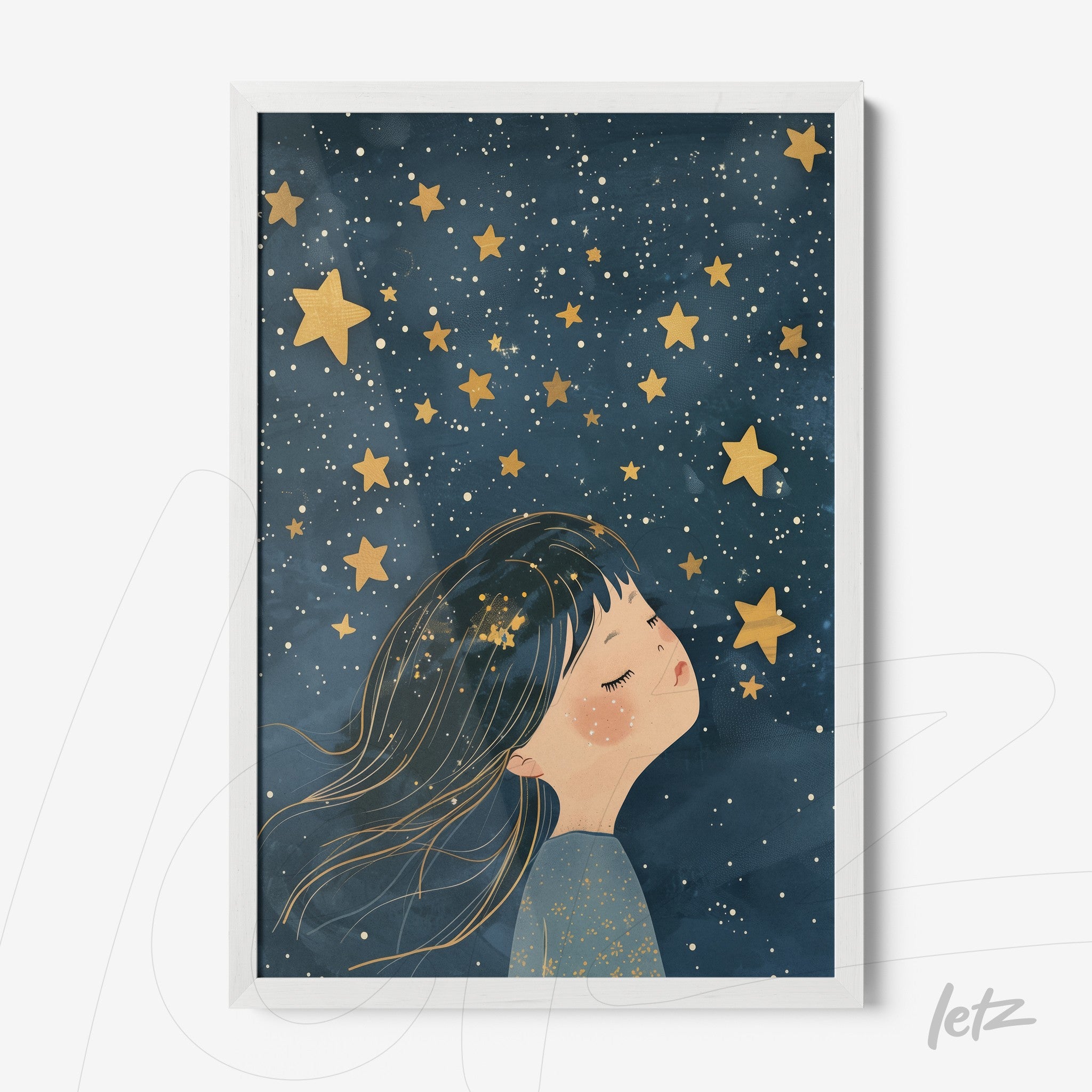 quadro com ilustração de menina sonhando sob um céu estrelado em moldura branca