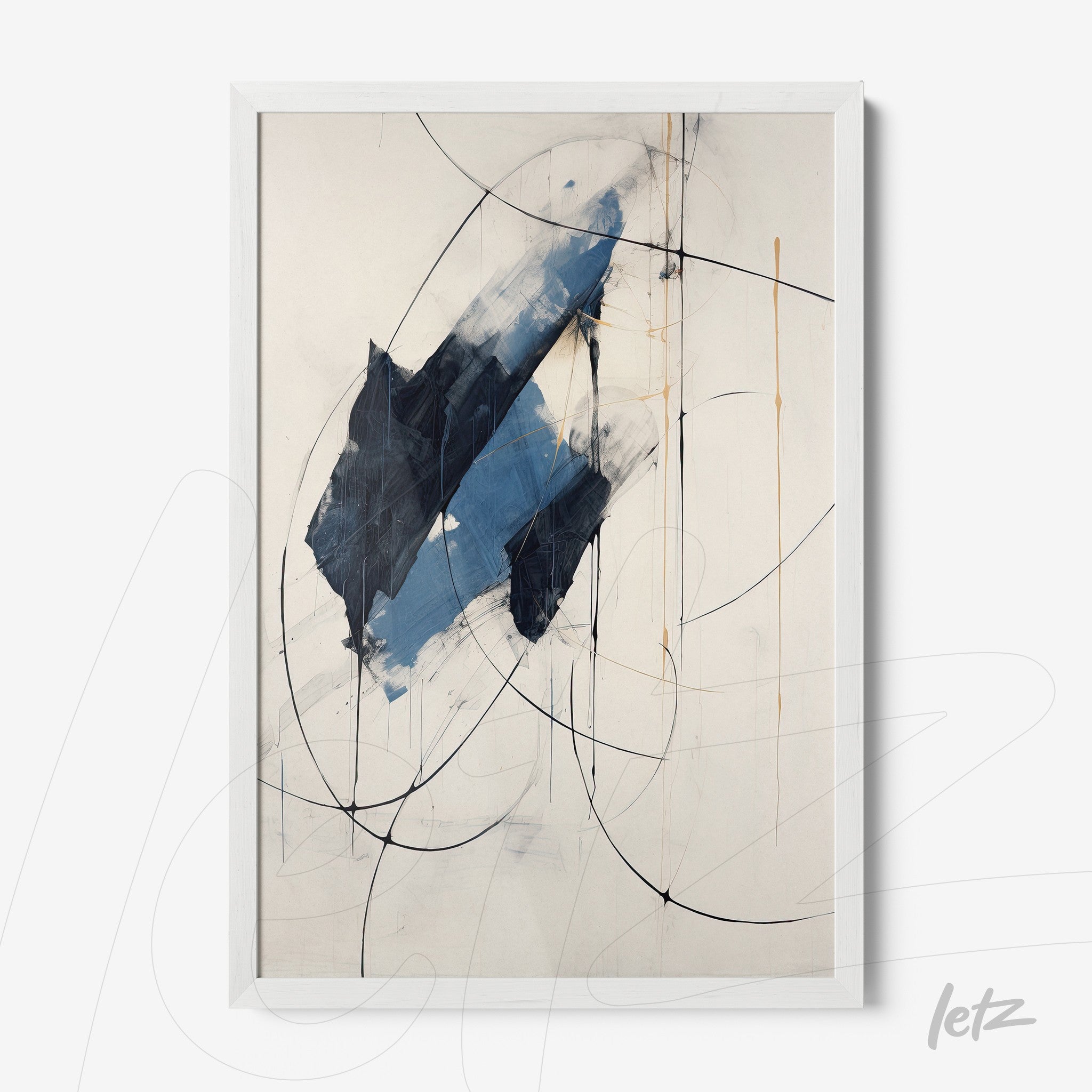 quadro abstrato com formas geométricas em tons de azul e preto, moldura branca
