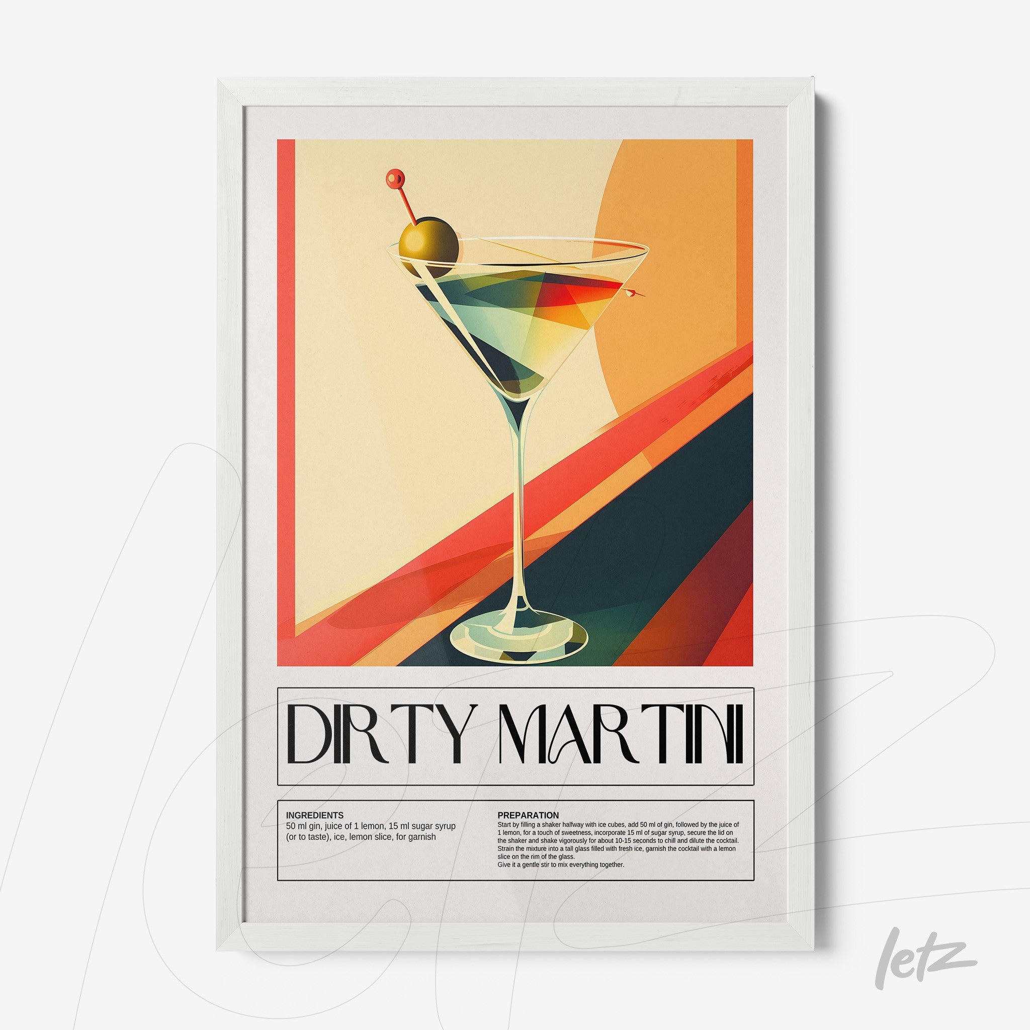quadro com arte digital de um drink martini em fundo colorido e moldura branca