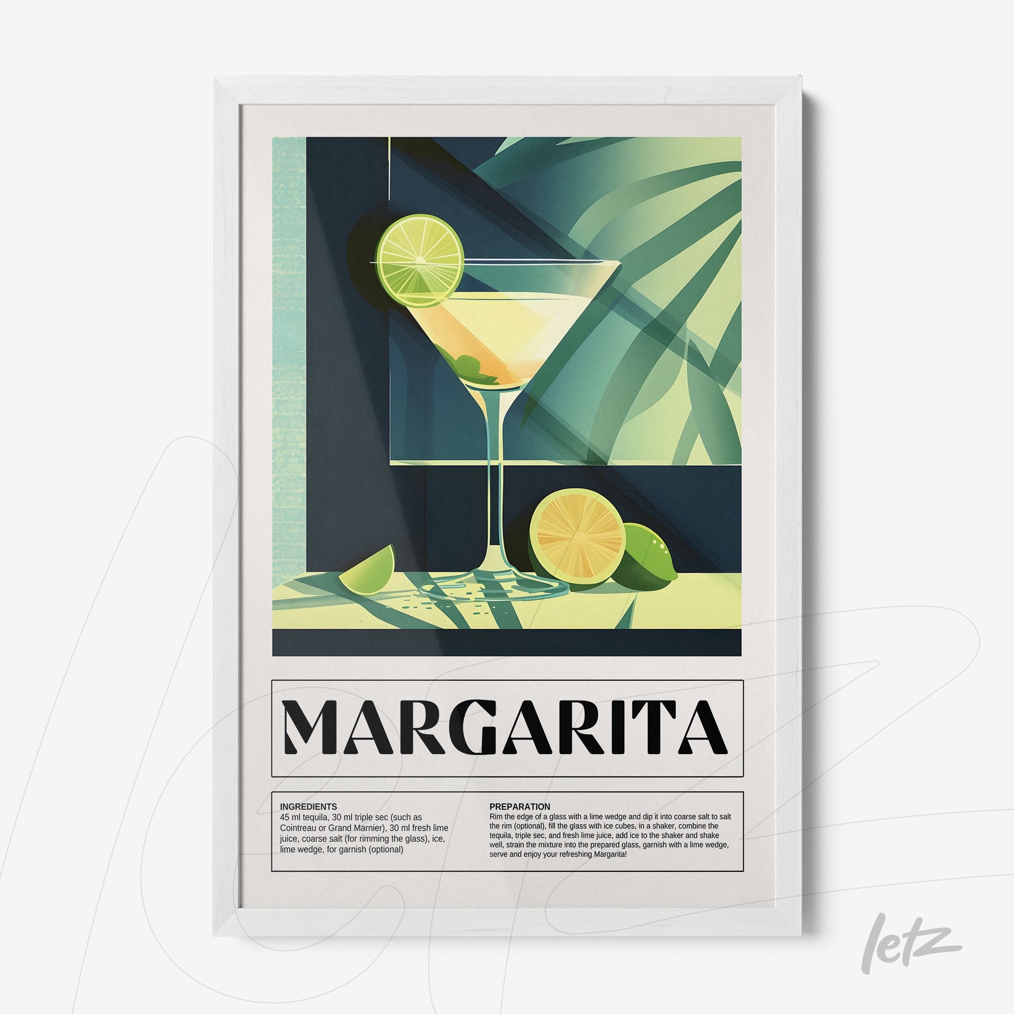 quadro com arte digital de margarita em moldura branca com elementos geométricos e laranjas ao fundo