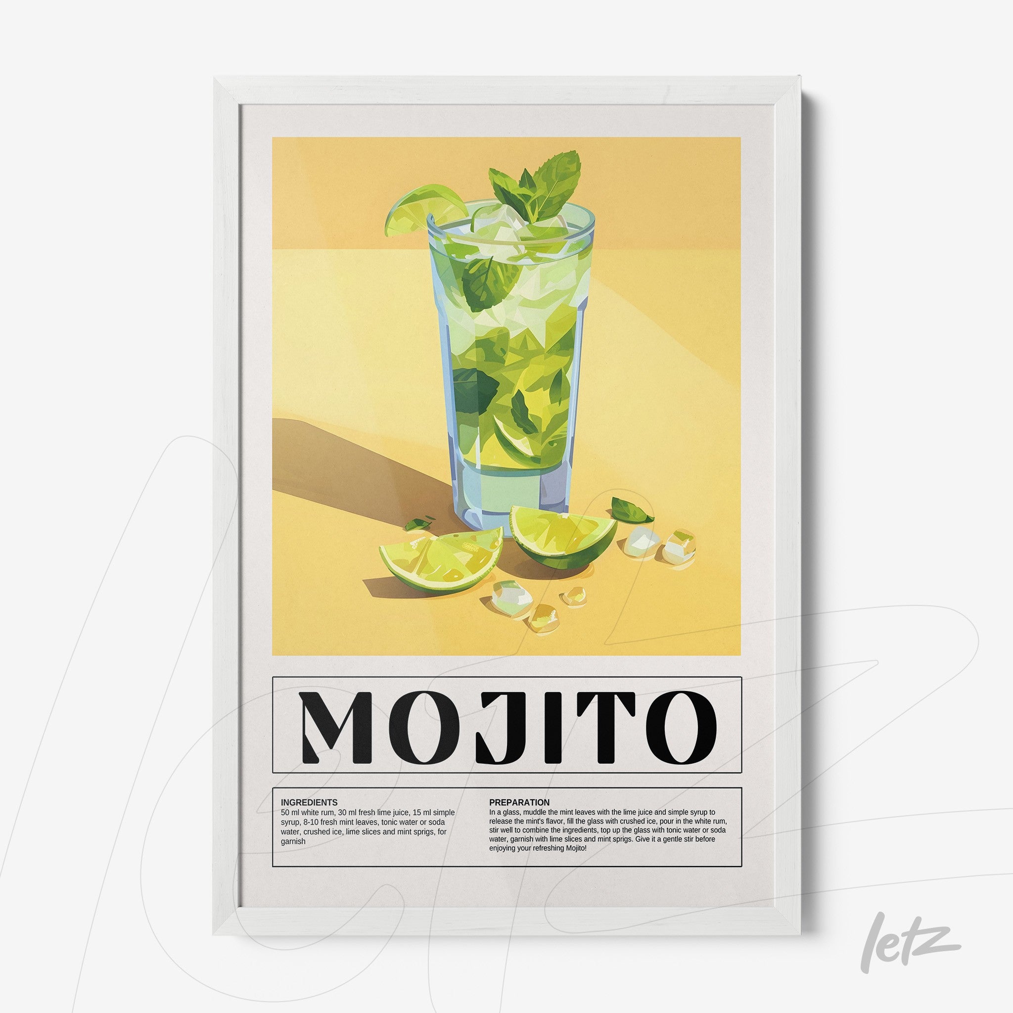 quadro com arte minimalista de drink mojito em moldura branca