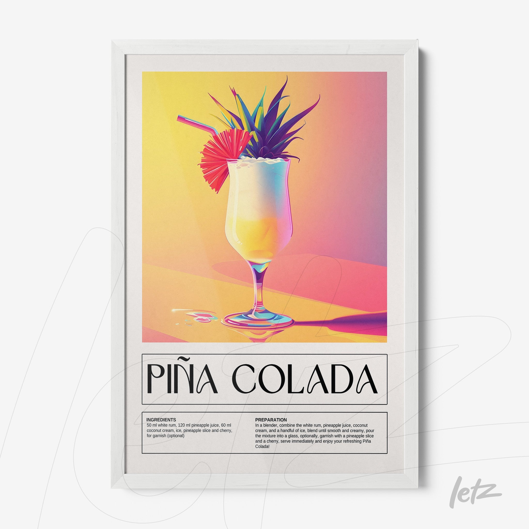 quadro com ilustração vibrante do drink piña colada em moldura branca com fundo pastel