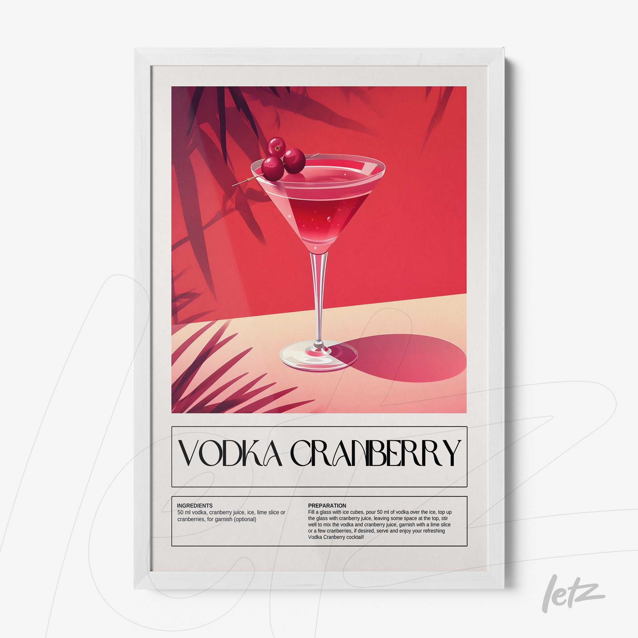 quadro com arte digital de coquetel vodka cranberry em moldura branca
