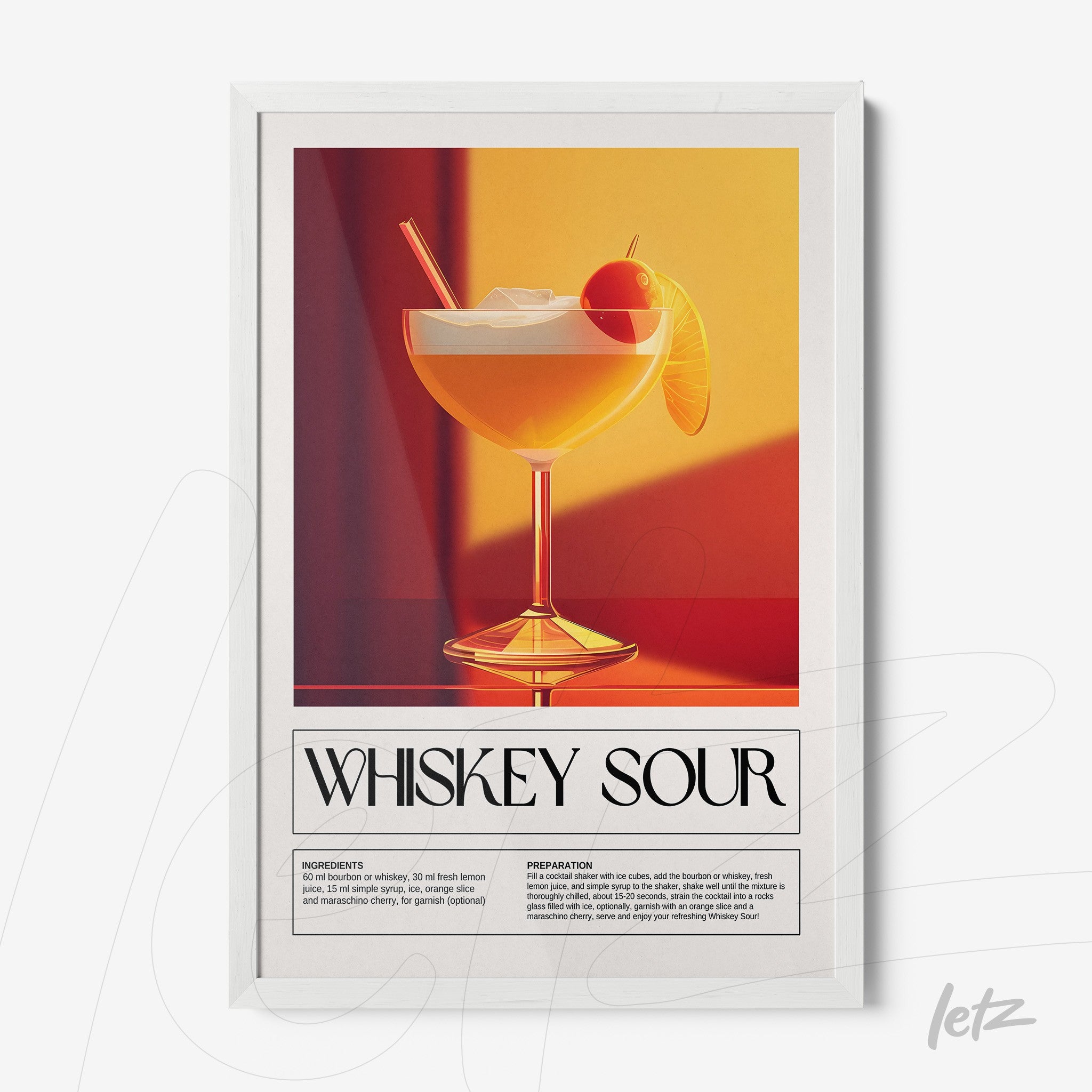 quadro com arte retrô de drink whiskey sour em moldura branca