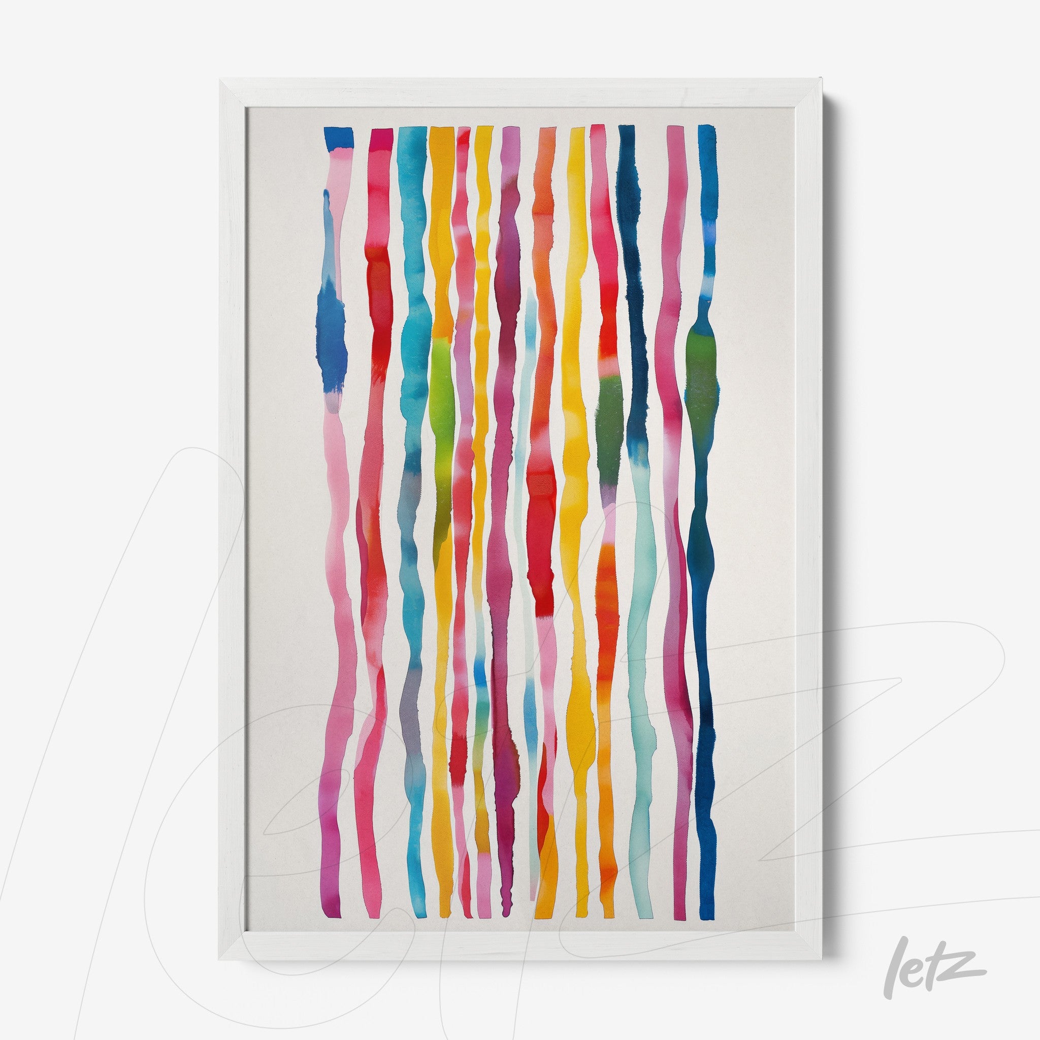 quadro com arte abstrata de linhas coloridas em moldura branca