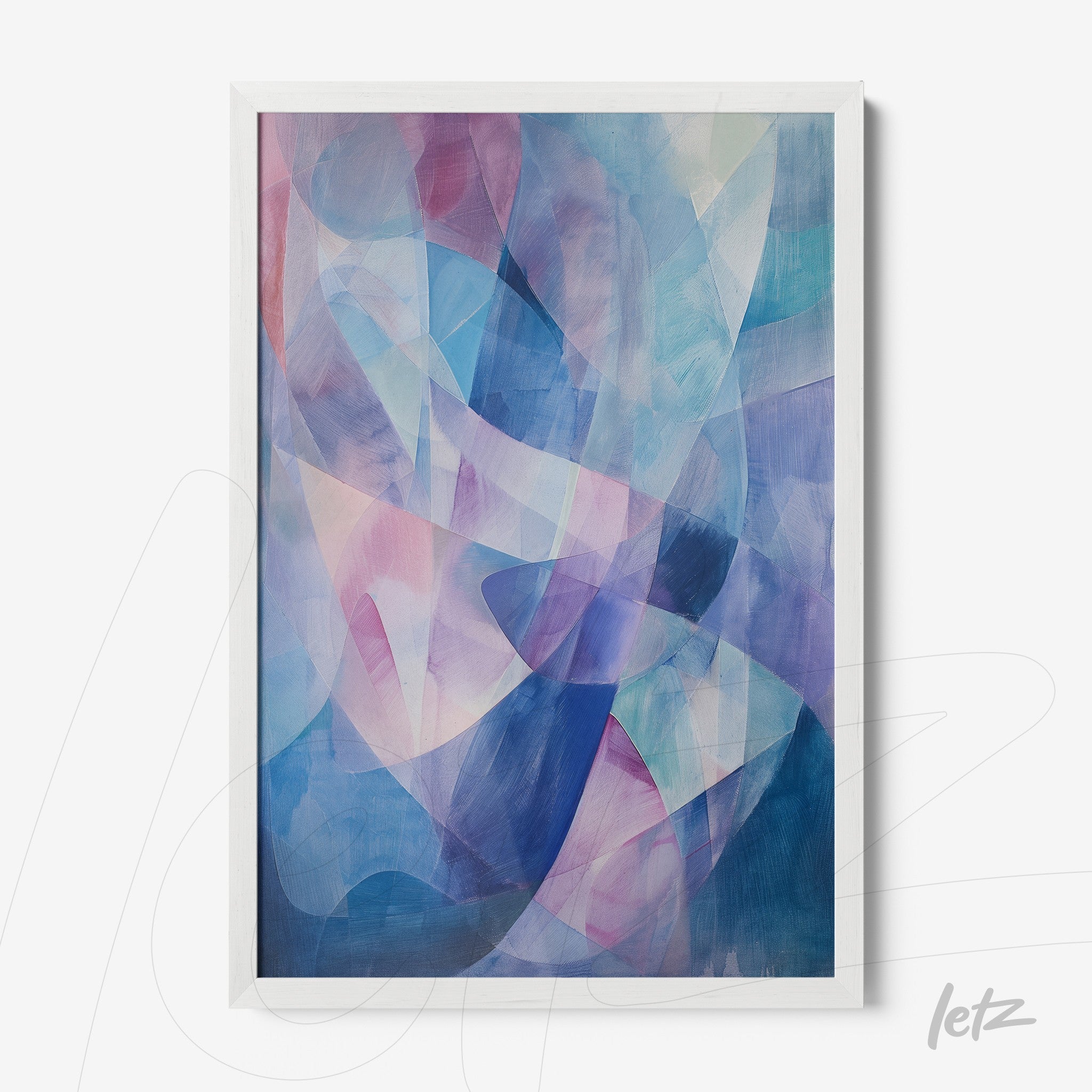 quadro com arte abstrata em tons de azul e rosa, com moldura branca