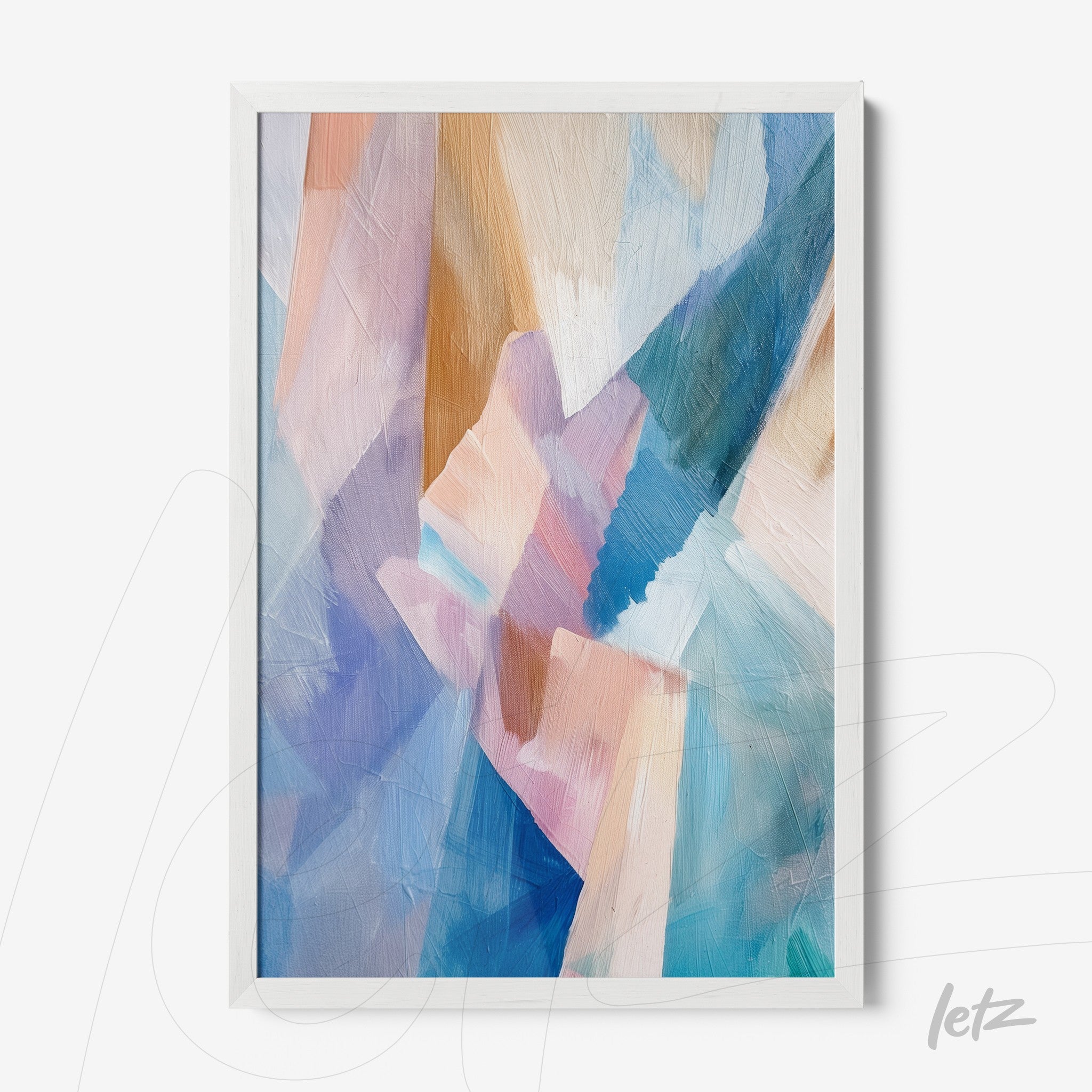 quadro de arte abstrata com pinceladas em tons de azul, rosa e bege em moldura branca