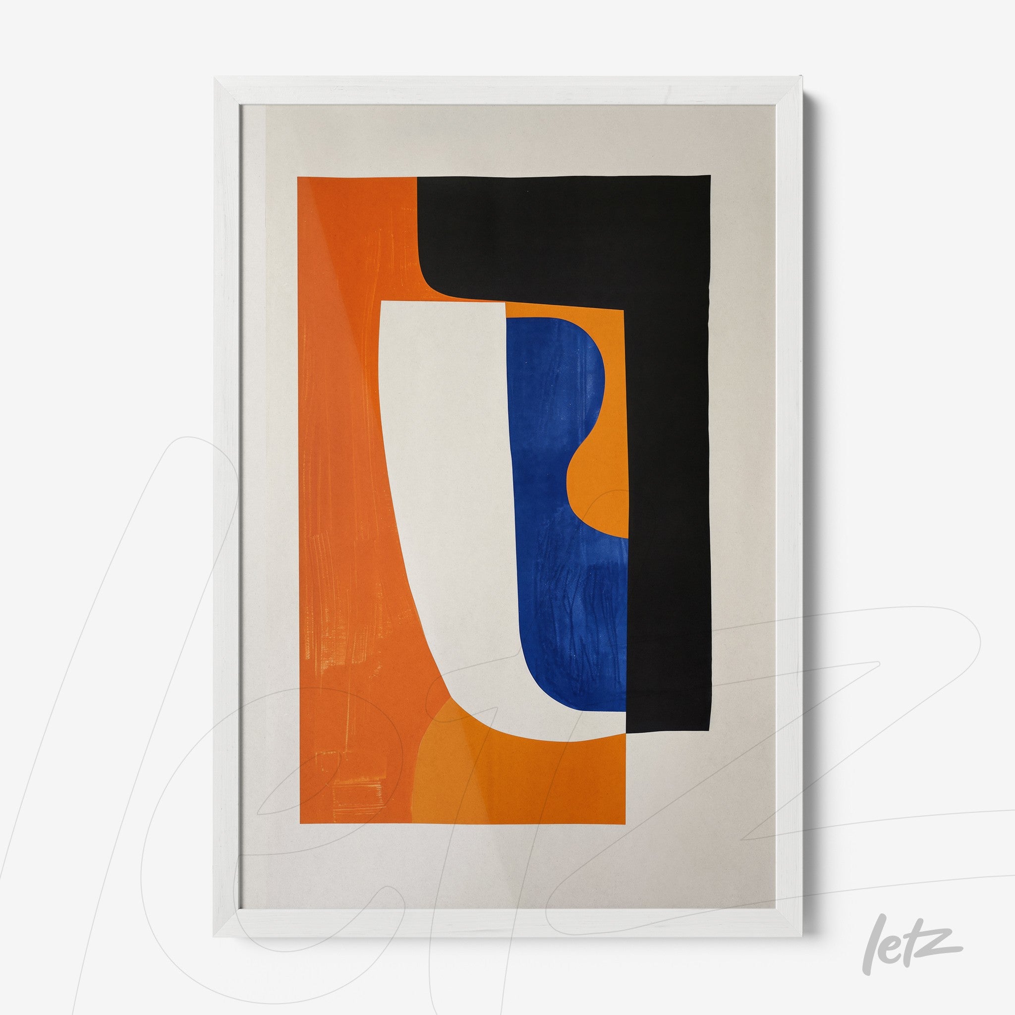 quadro com arte abstrata em cores vibrantes, destacando formas geométricas nas cores laranja, azul e preto, em moldura branca