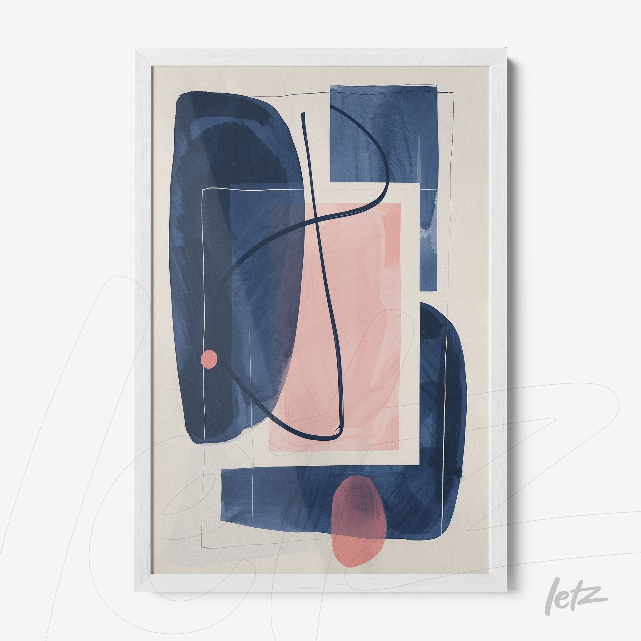 quadro abstrato com formas geométricas em tons de azul, rosa e nude, em moldura branca