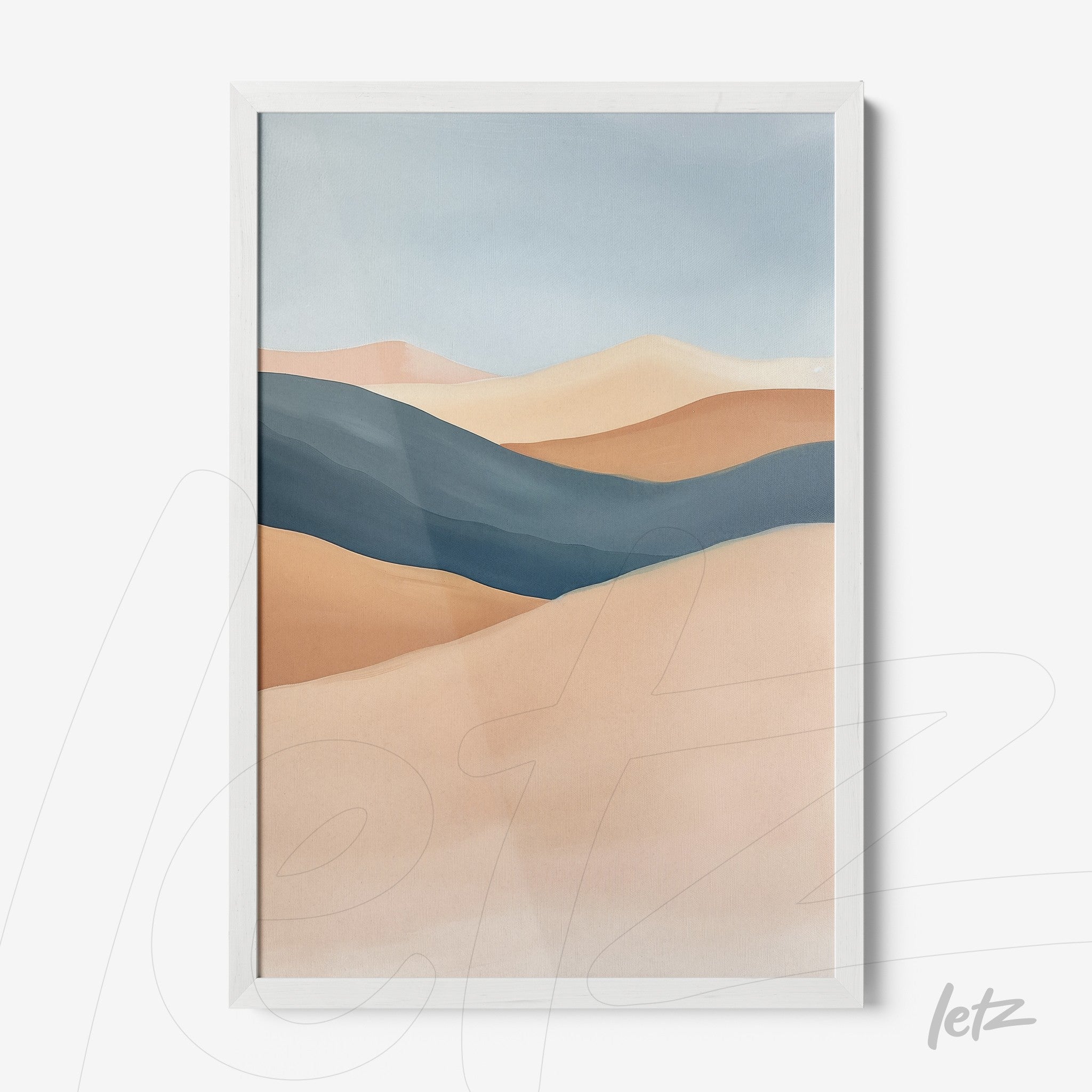 quadro decorativo com ilustração abstrata de paisagens em tons suaves de azul, bege e marrom com moldura branca