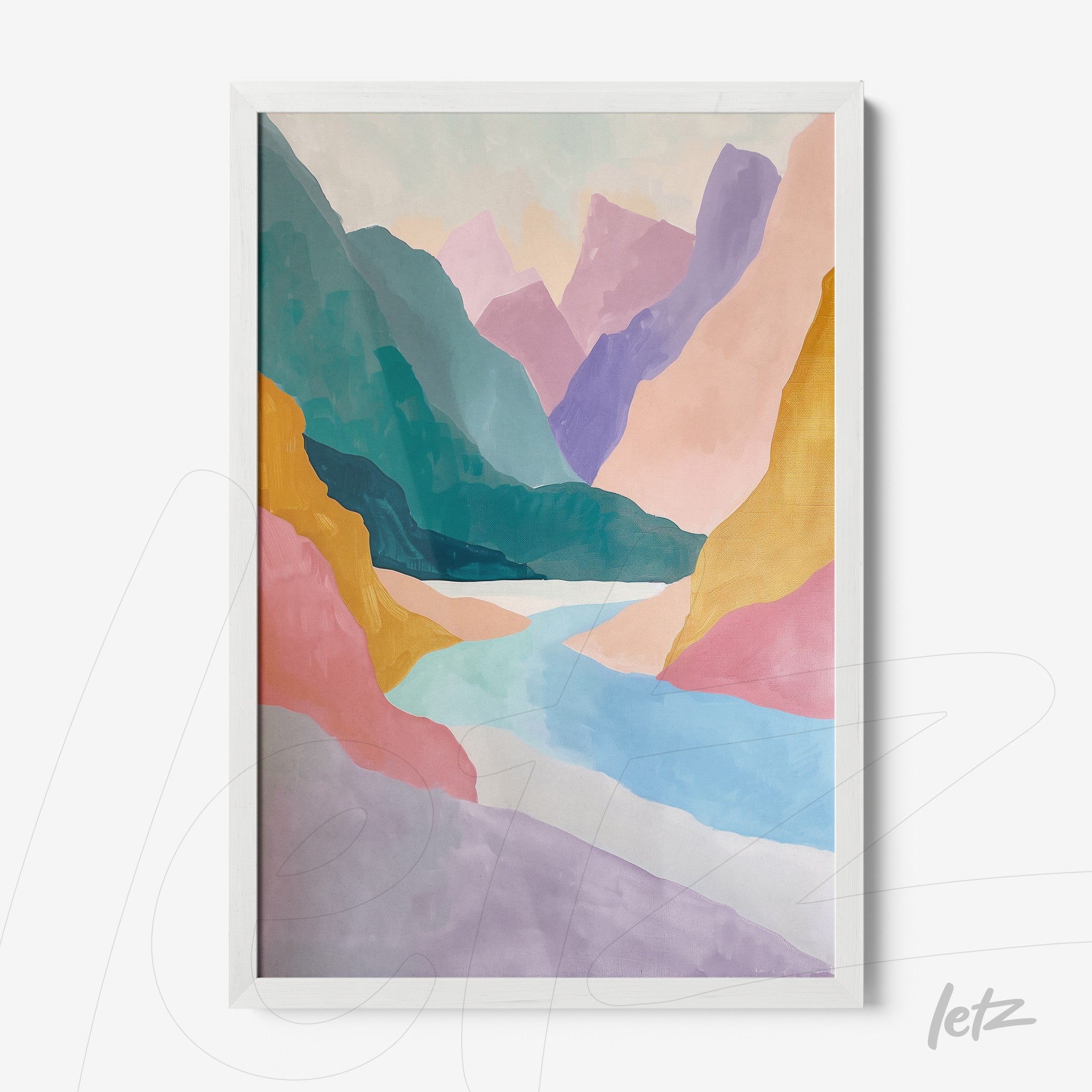 quadro com arte abstrata de paisagem montanhosa com cores suaves em moldura branca