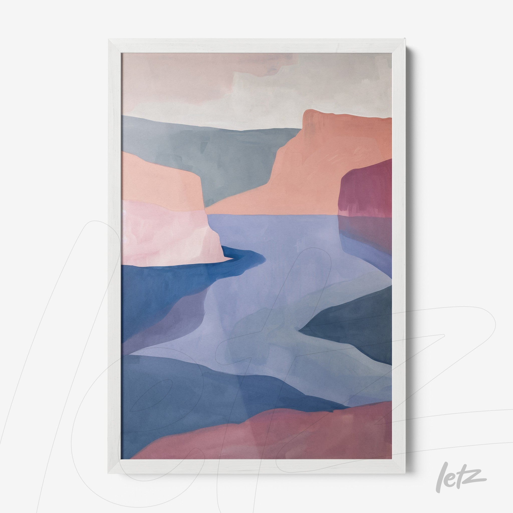 quadro com arte abstrata de paisagem em tons de rosa e azul em moldura branca