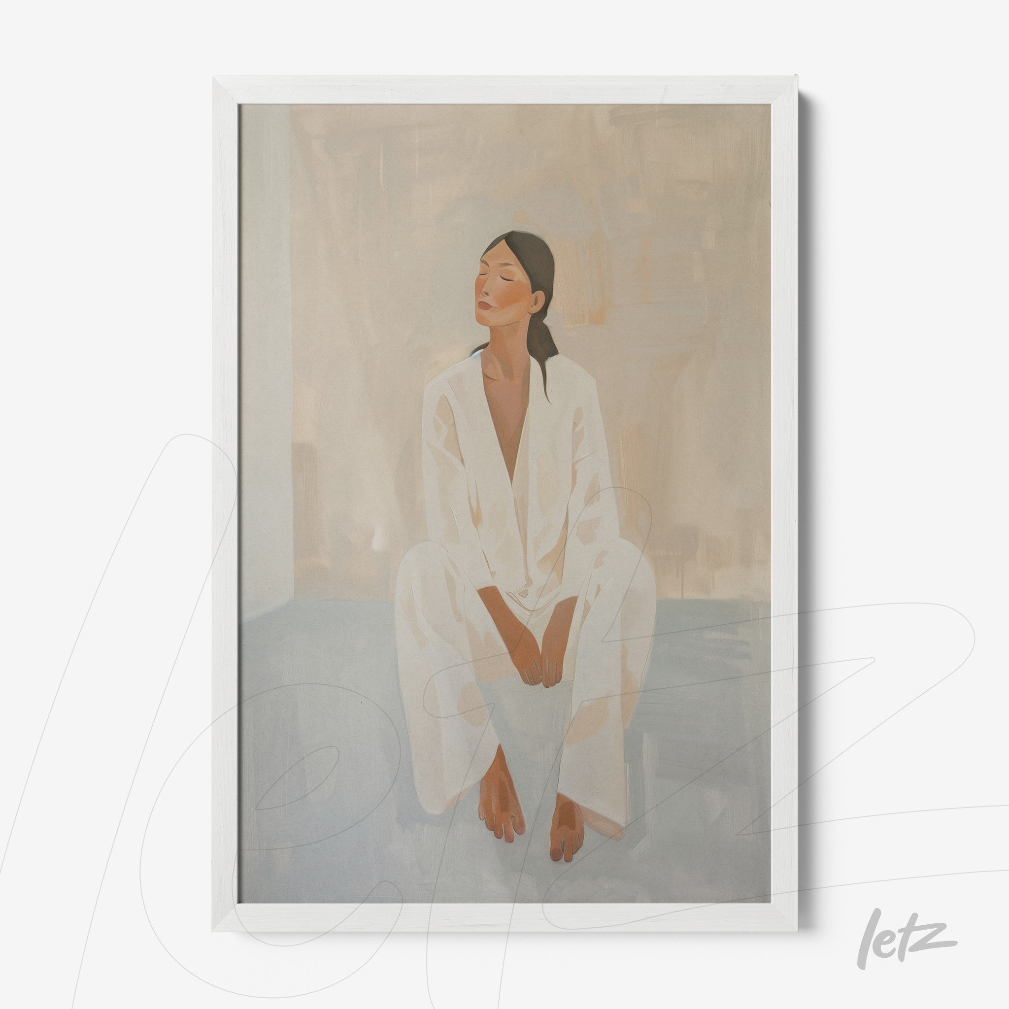 quadro com arte minimalista de mulher sentada usando pijama branco em moldura branca