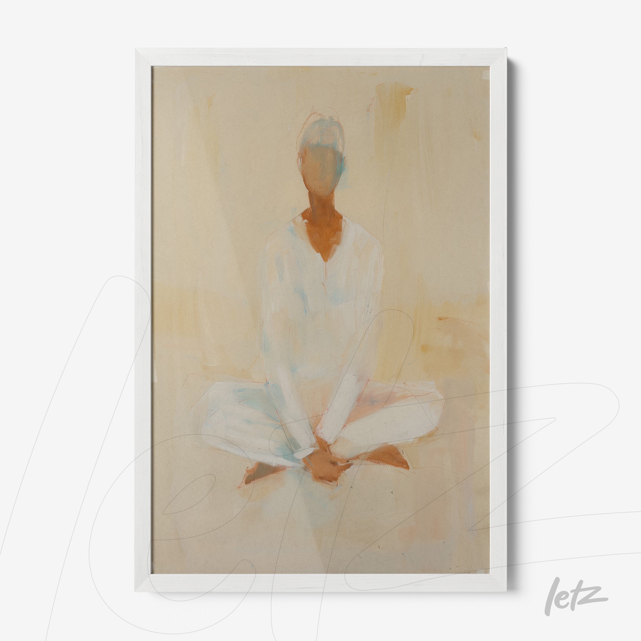 quadro com arte abstrata de figura meditando em tons suaves, moldura branca