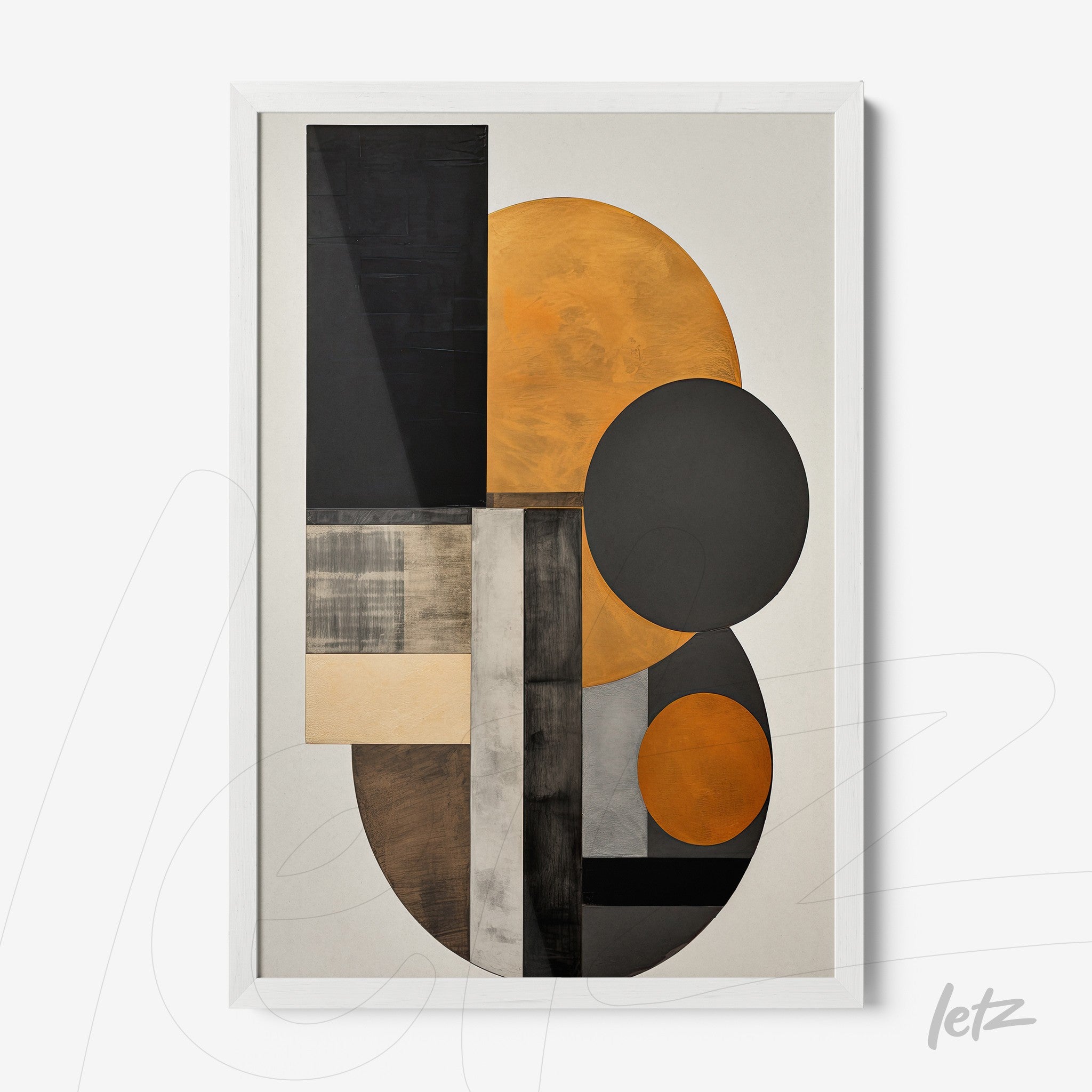 quadro com arte geométrica em tons de laranja, preto e cinza, em moldura branca