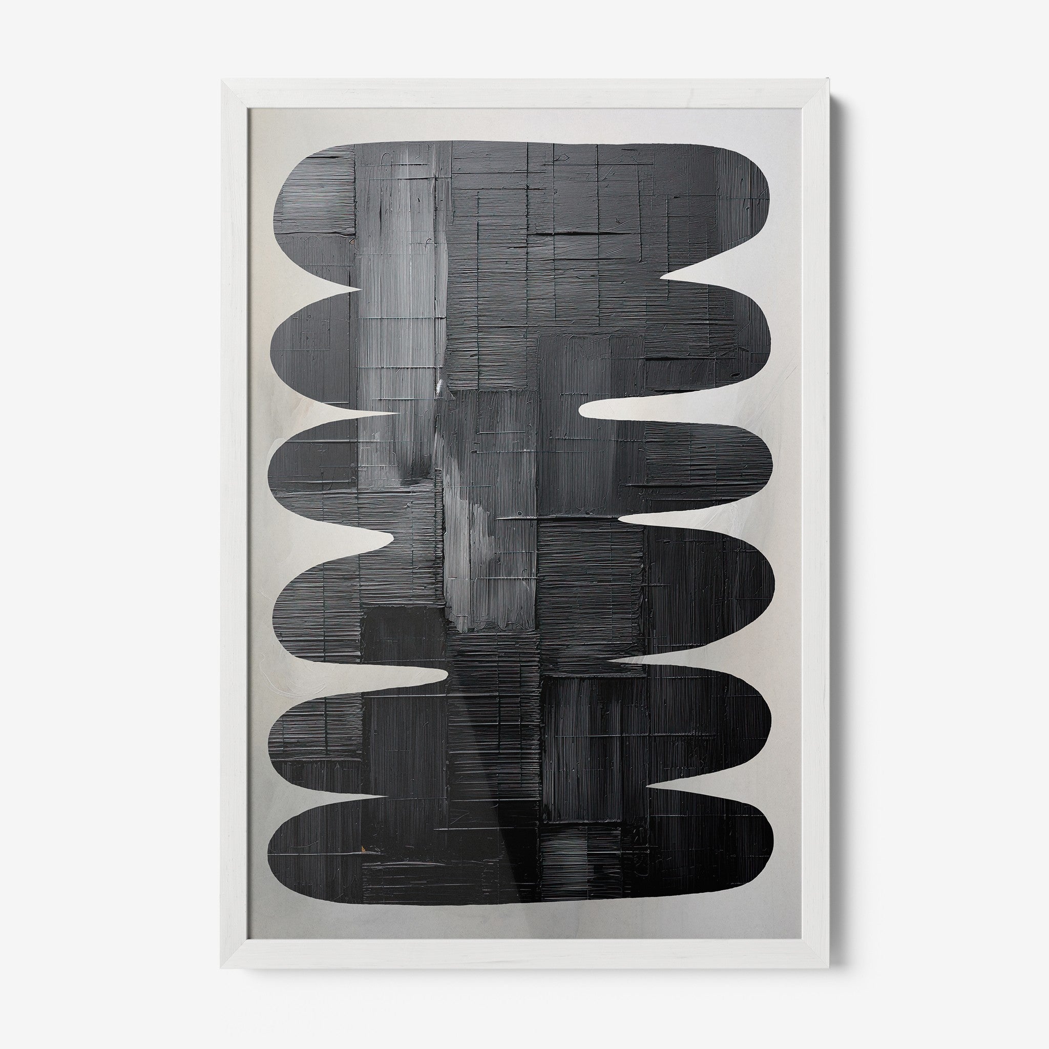 quadro com arte abstrata em preto e branco, moldura branca com acabamento liso