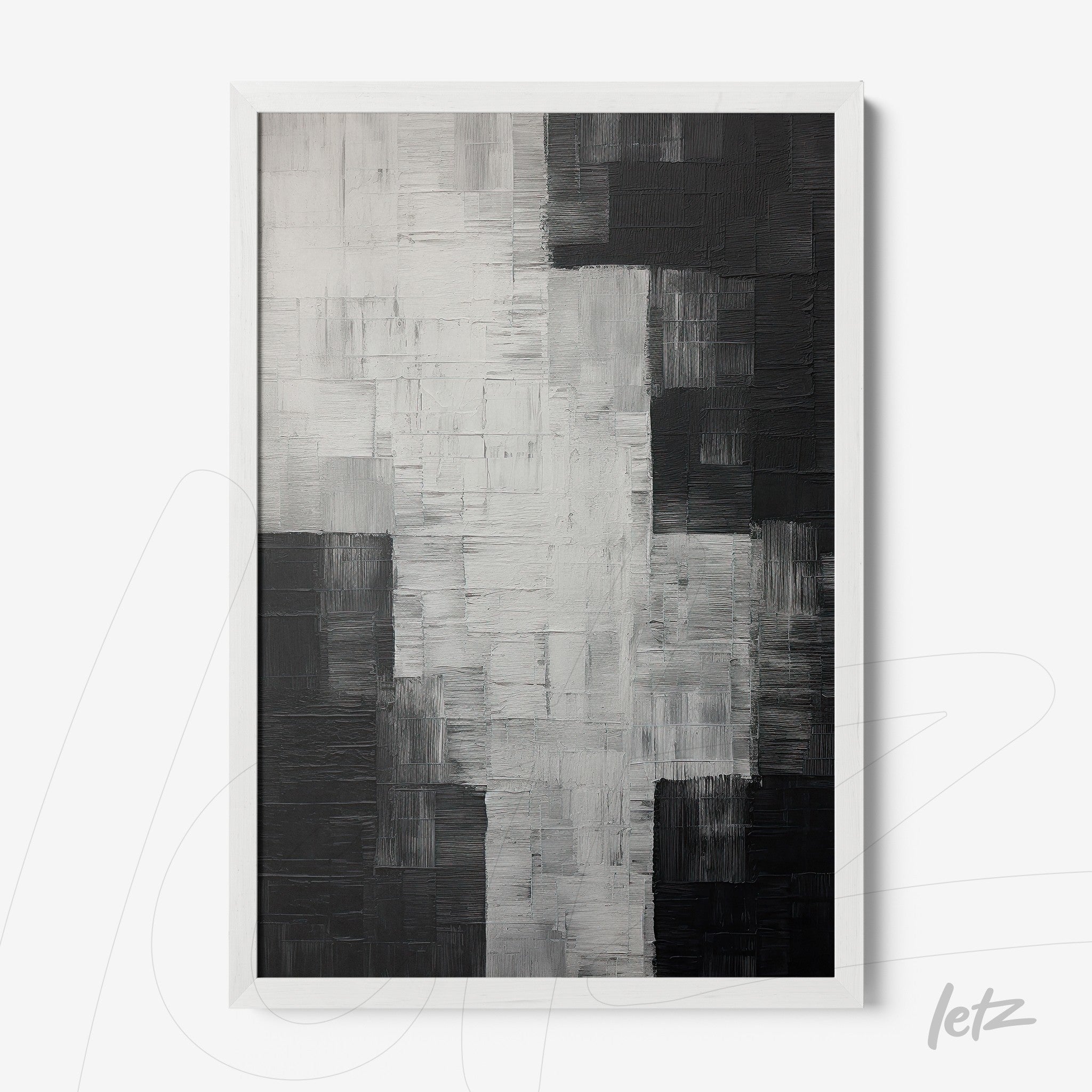 quadro abstracto em preto e branco com textura em relevo, moldura branca
